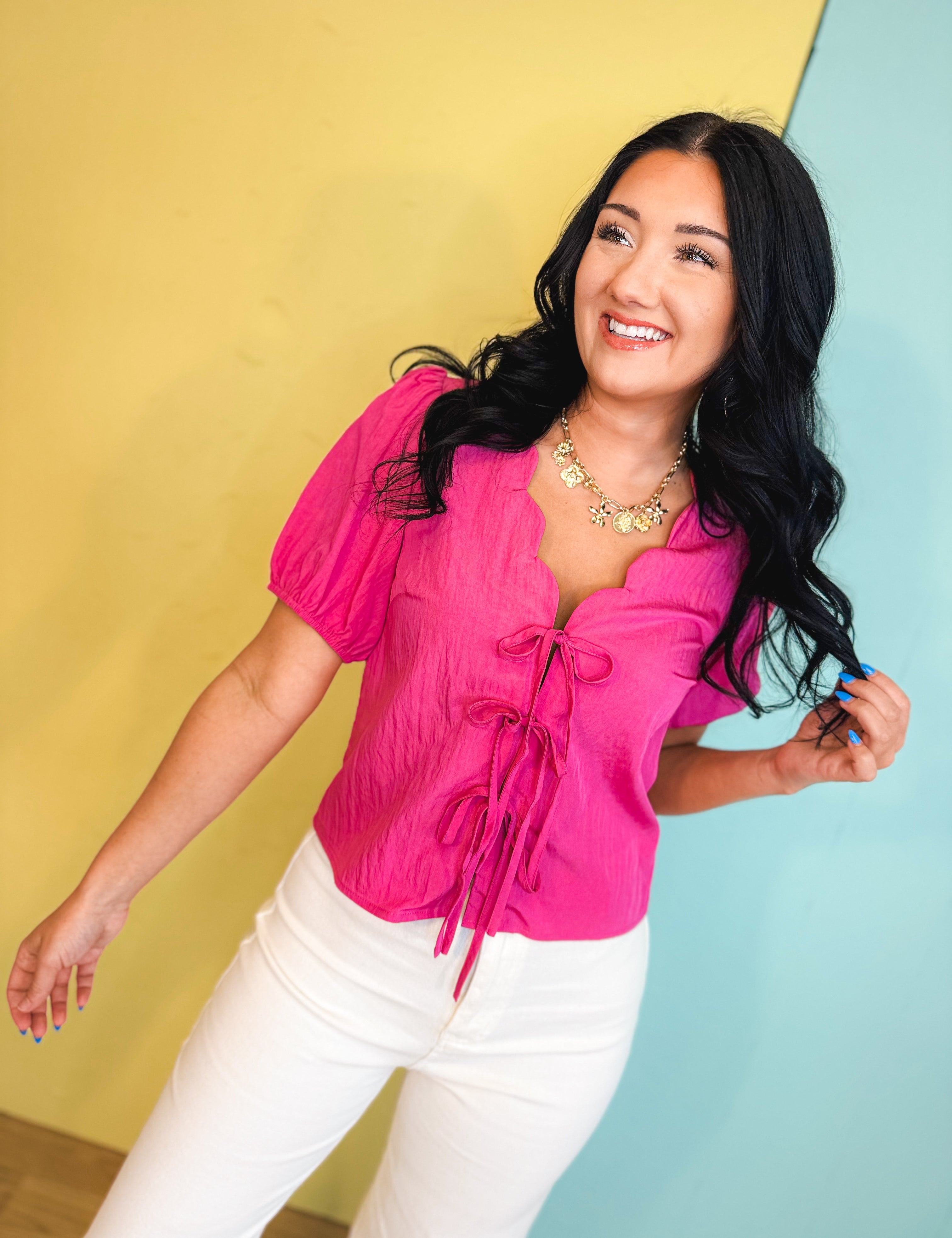 Scalloped Neck Tie Front Blouse - Pink - Lace and Grace Boutique