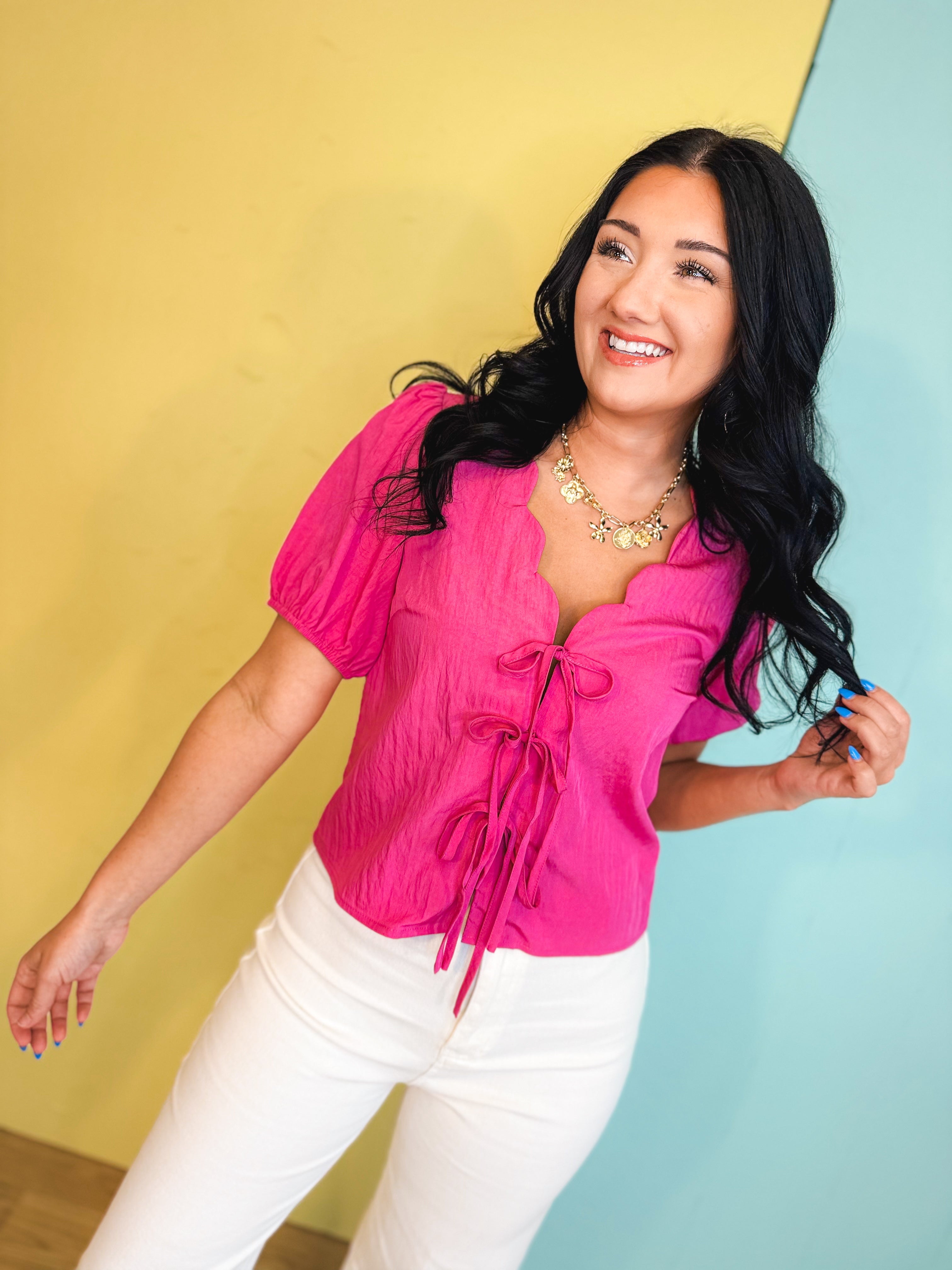 Scalloped Neck Tie Front Blouse - Pink - Lace and Grace Boutique