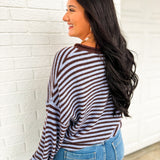 Striped Button Detail Henley Knit Sweater - Chocolate/Indigo