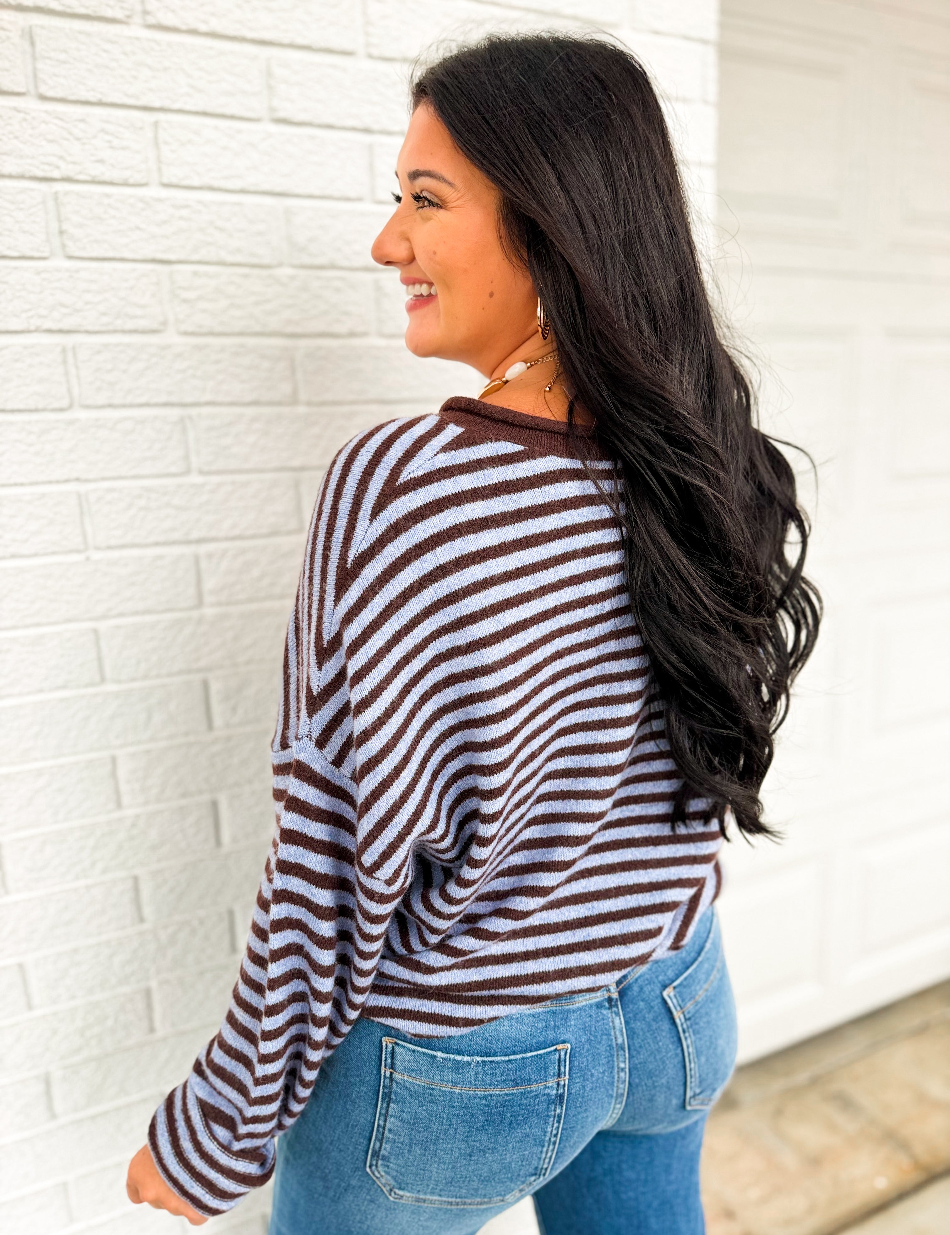 Striped Button Detail Henley Knit Sweater - Chocolate/Indigo - Lace and Grace Boutique