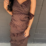Cascading Ruffle Polka Dot Midi Dress - Chocolate