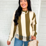 Color Block Striped Fringe Hem Knit Sweater - Olive/Ivory - Lace and Grace Boutique