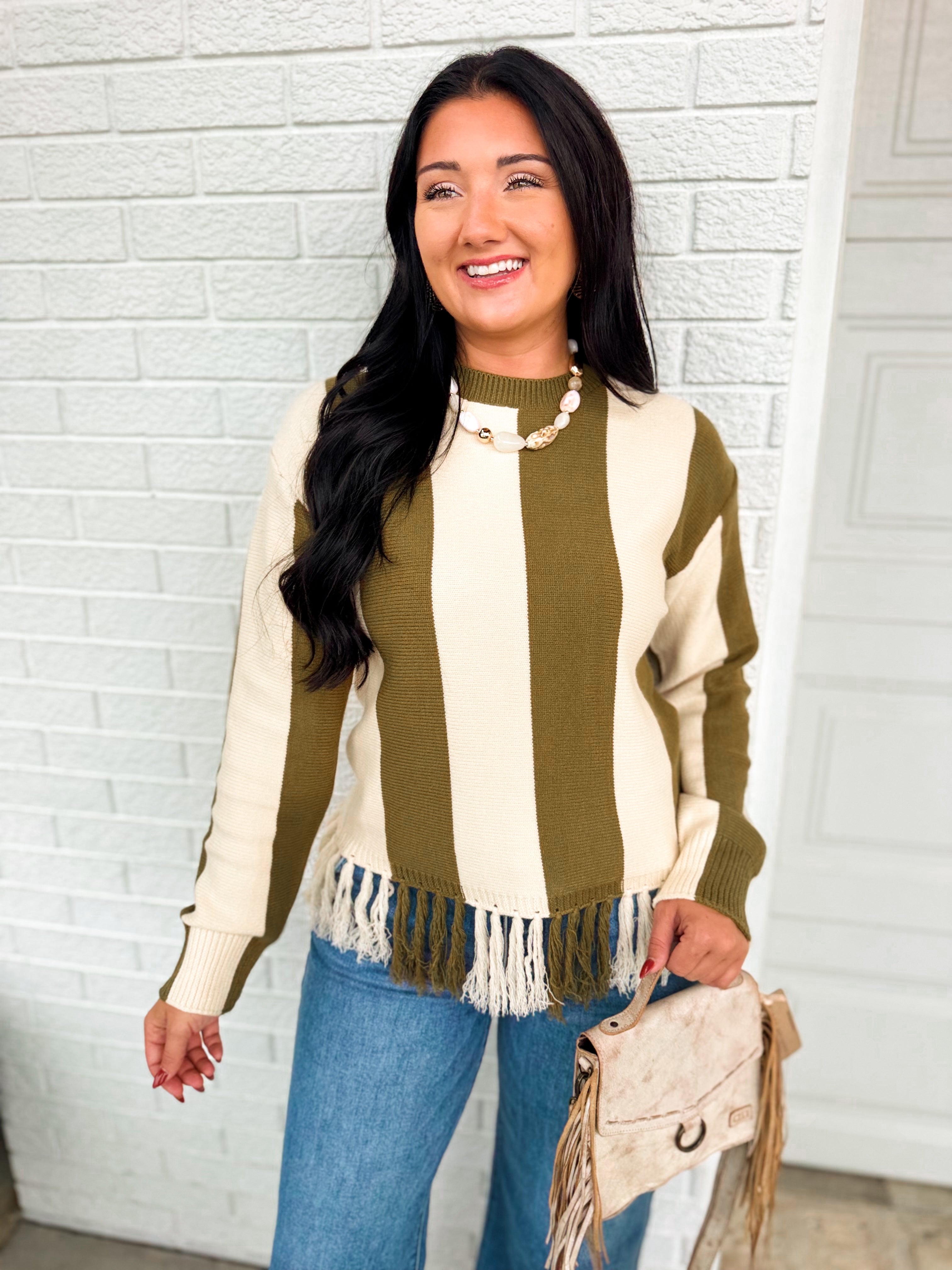 Color Block Striped Fringe Hem Knit Sweater - Olive/Ivory - Lace and Grace Boutique