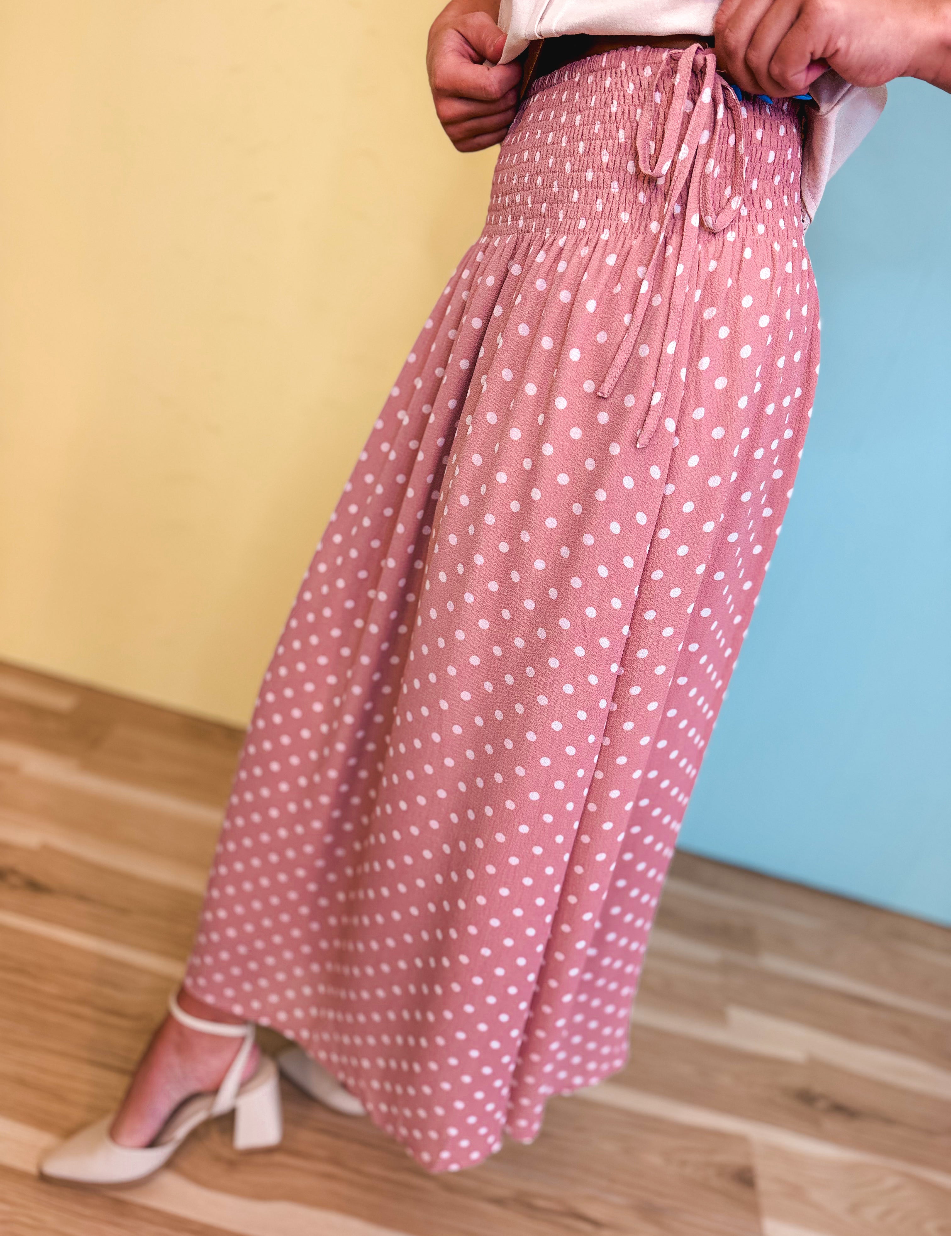 Polka Dot Midi Skirt - Mauve/White - Lace and Grace Boutique