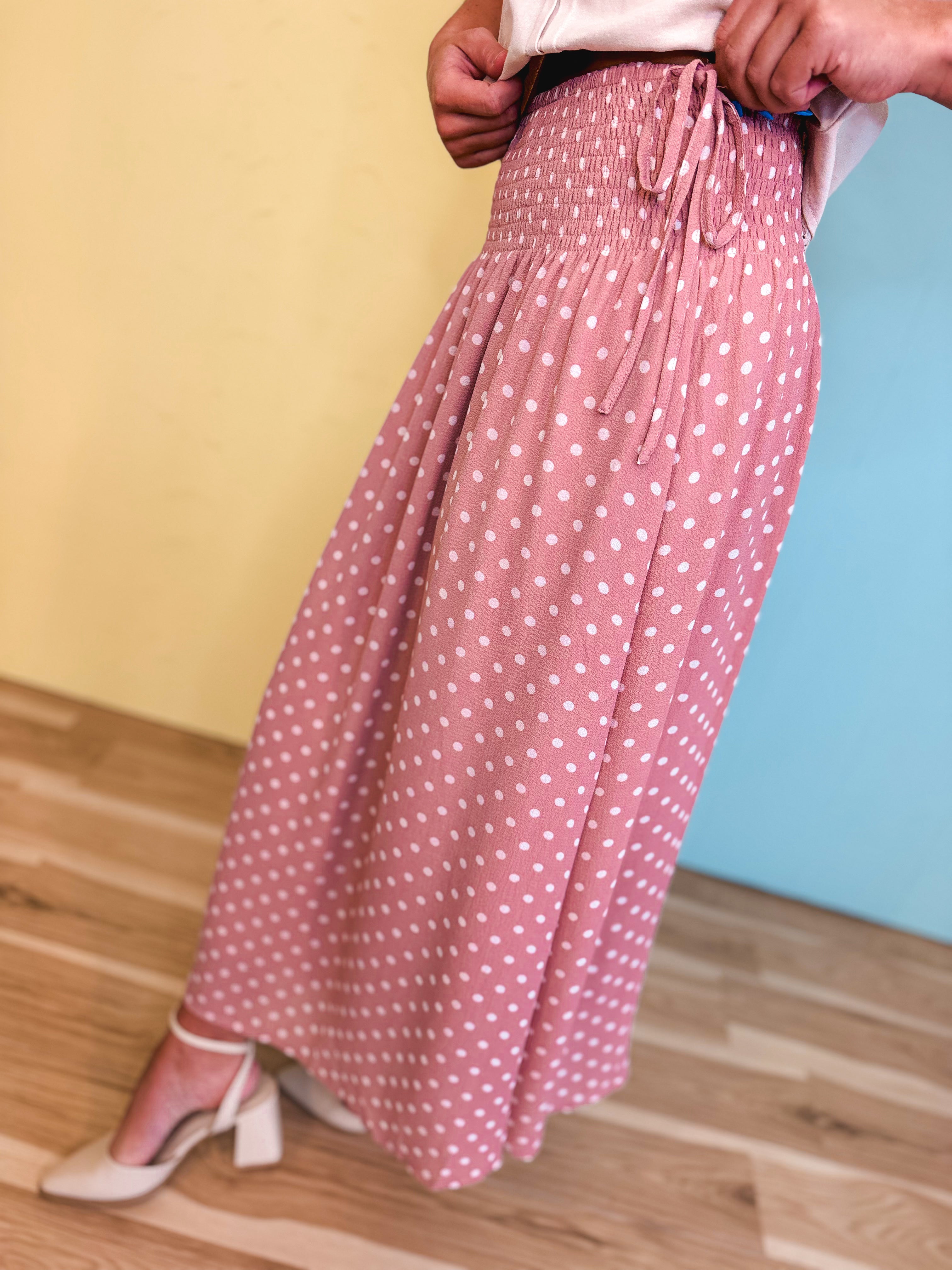 Polka Dot Midi Skirt - Mauve/White - Lace and Grace Boutique