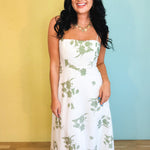 Floral Printed Midi Dress - White/Sage - Lace and Grace Boutique