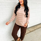 Striped Long Sleeve Soft Knit Top - Mocha/White