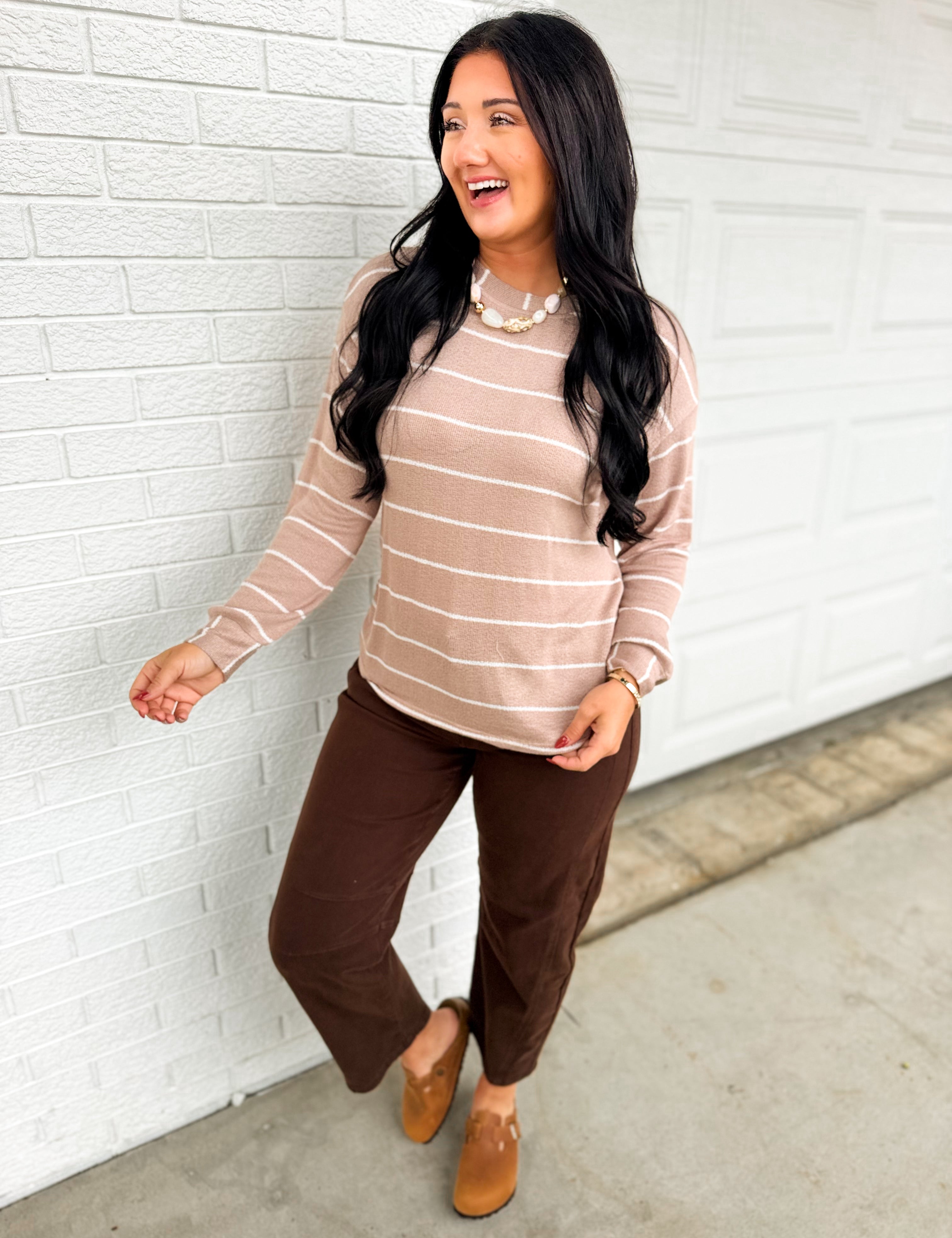 Striped Long Sleeve Soft Knit Top - Mocha/White - Lace and Grace Boutique