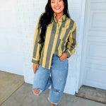 Vintage Striped Poplin Button Down Shirt - Olive/Beige - Lace and Grace Boutique