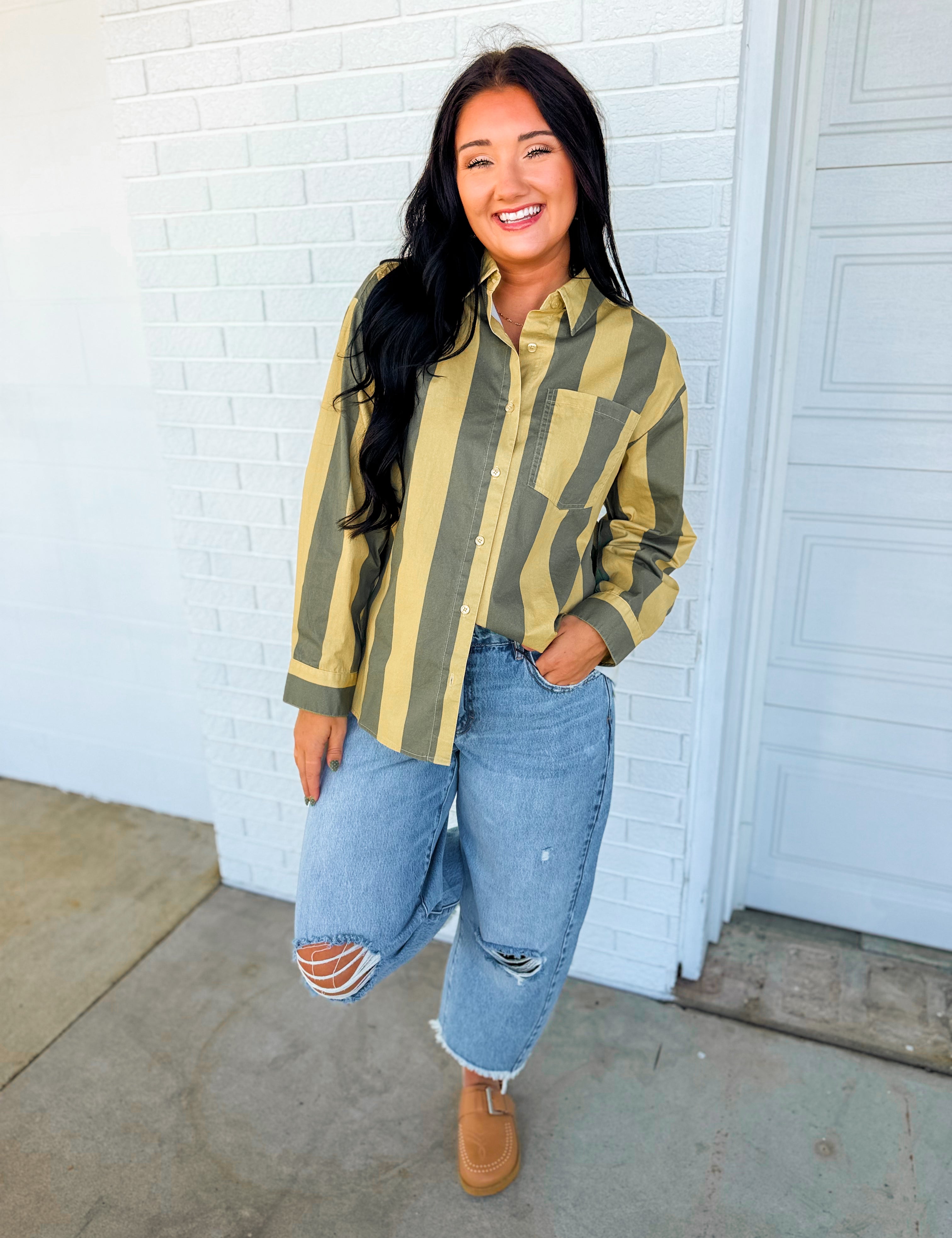 Vintage Striped Poplin Button Down Shirt - Olive/Beige - Lace and Grace Boutique