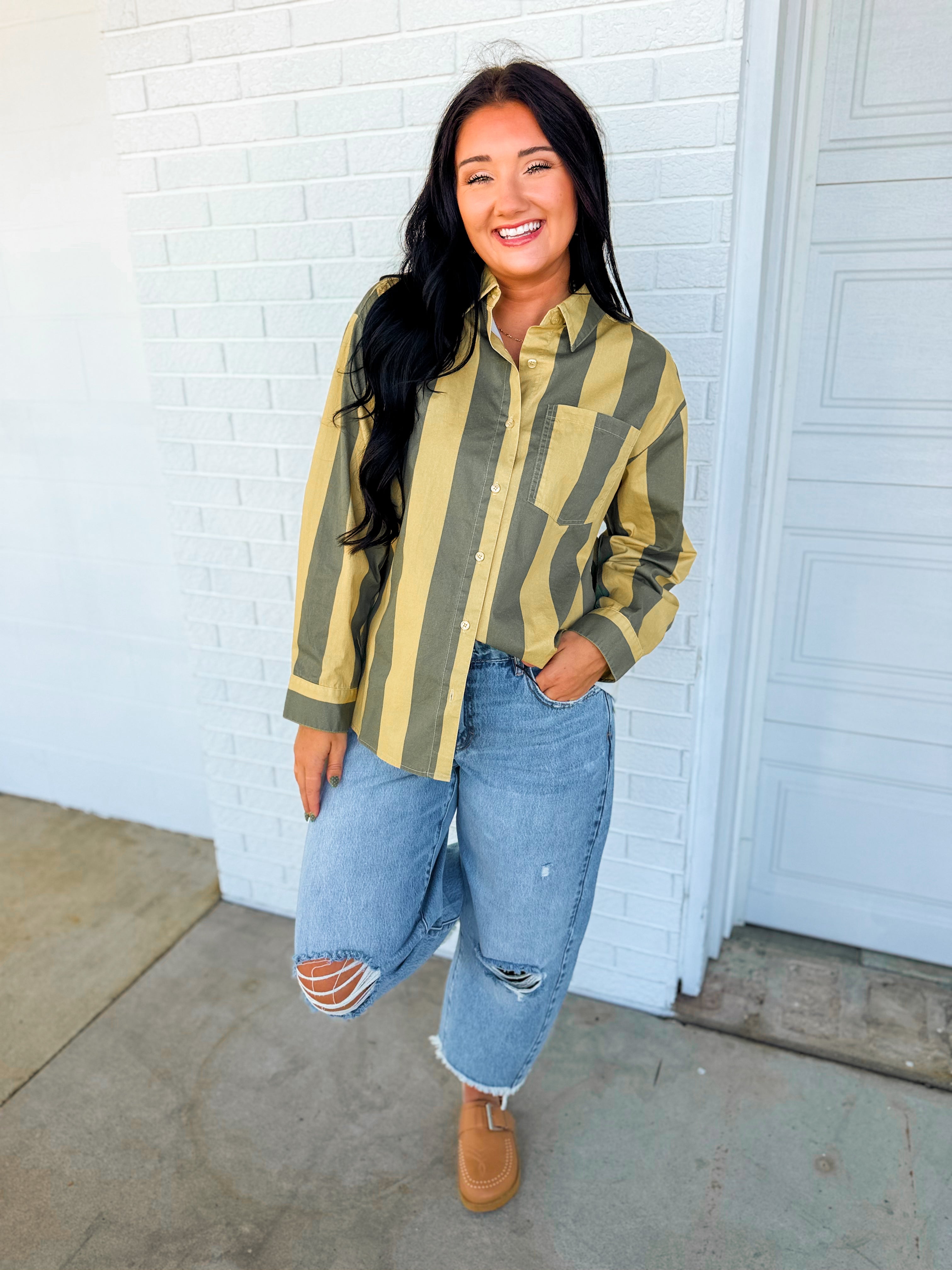 Vintage Striped Poplin Button Down Shirt - Olive/Beige - Lace and Grace Boutique