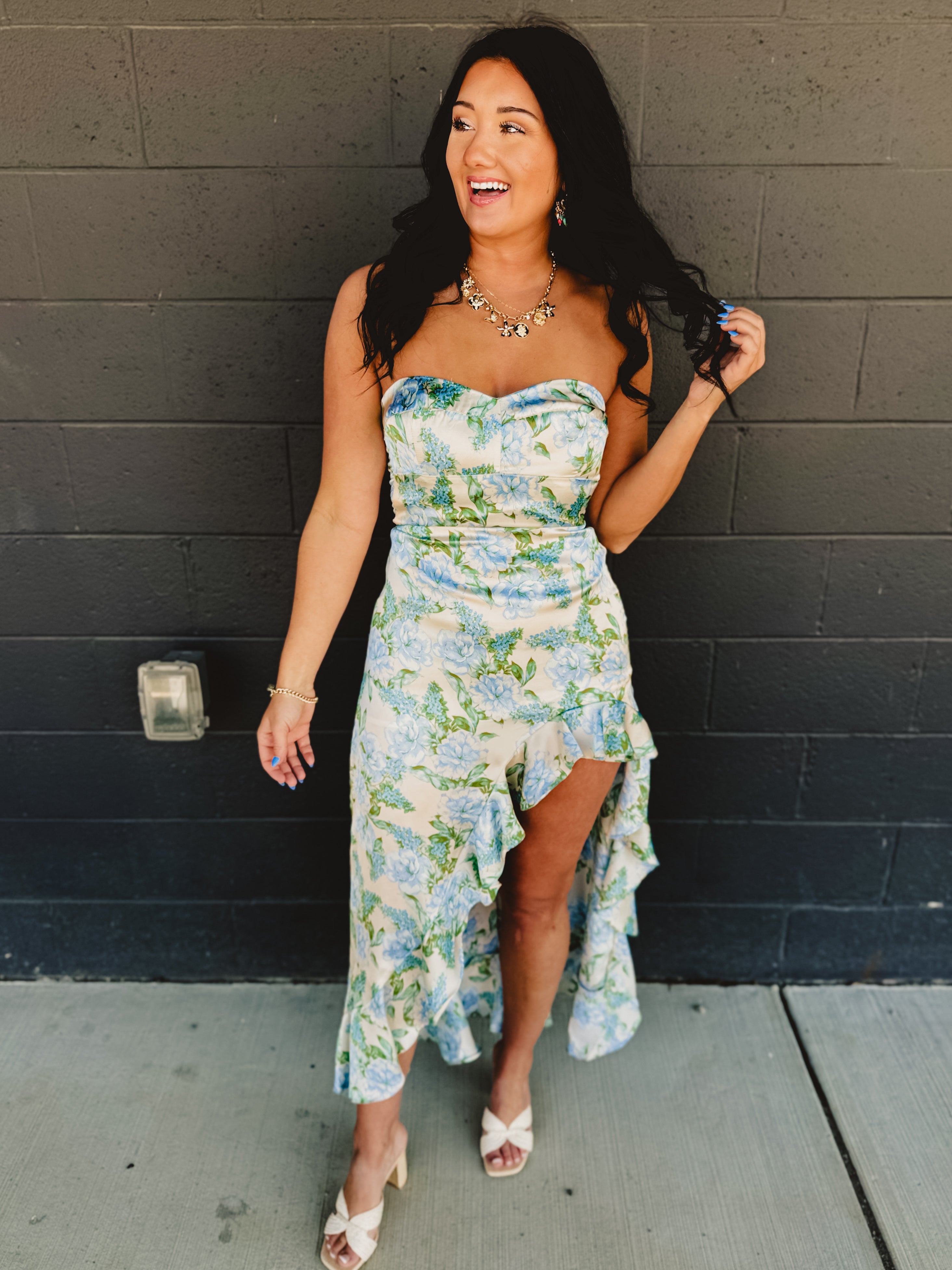 Strapless Asymmetric Ruffle Hem Maxi Dress - Delicate Blues - Lace and Grace Boutique
