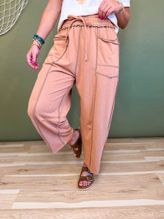 Mineral Wash Barrel Fit Utility Knit Pants - Camel - Lace and Grace Boutique