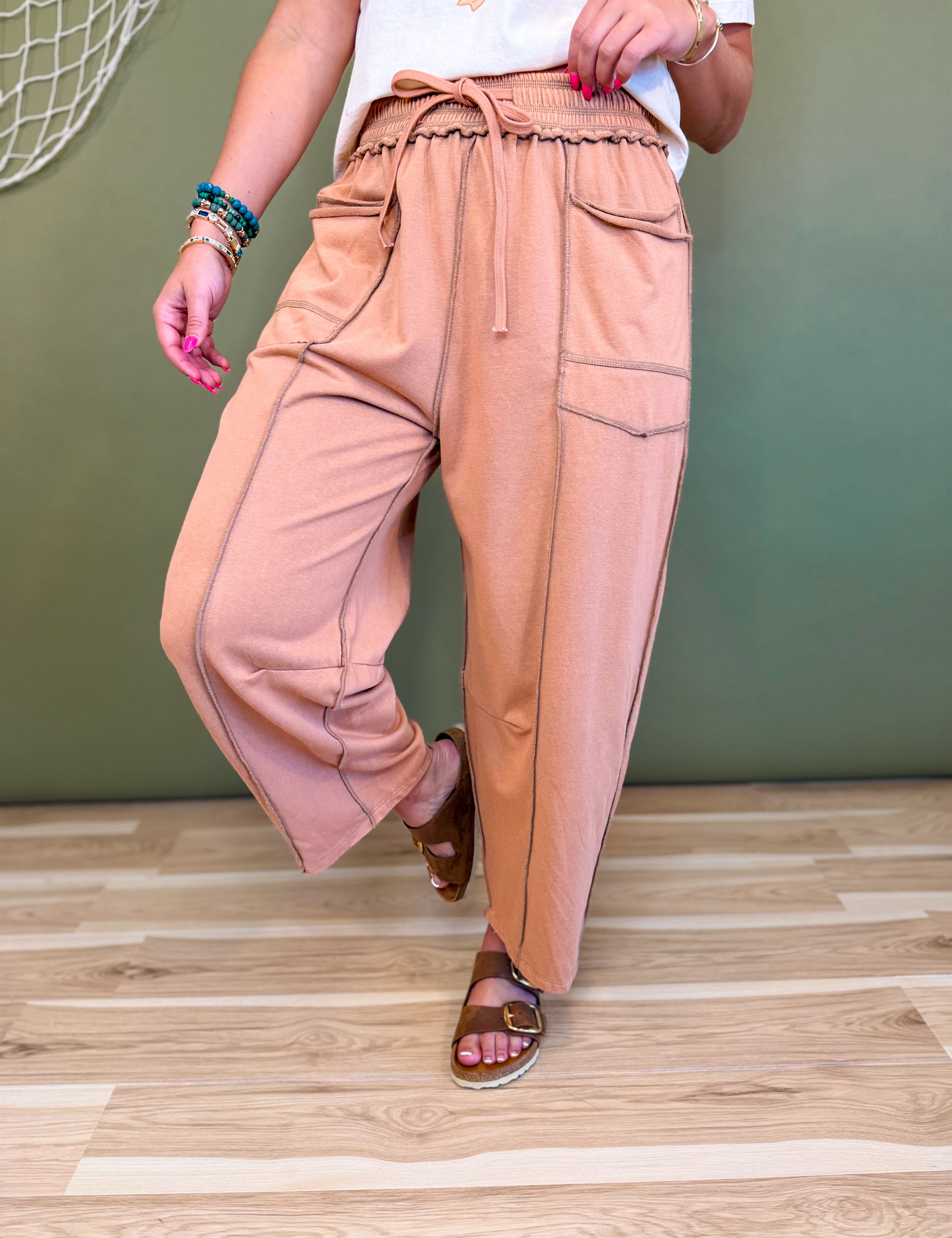 Mineral Wash Barrel Fit Utility Knit Pants - Camel - Lace and Grace Boutique