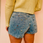 Flower Embroidered High-Rise Denim Shorts - Lace and Grace Boutique