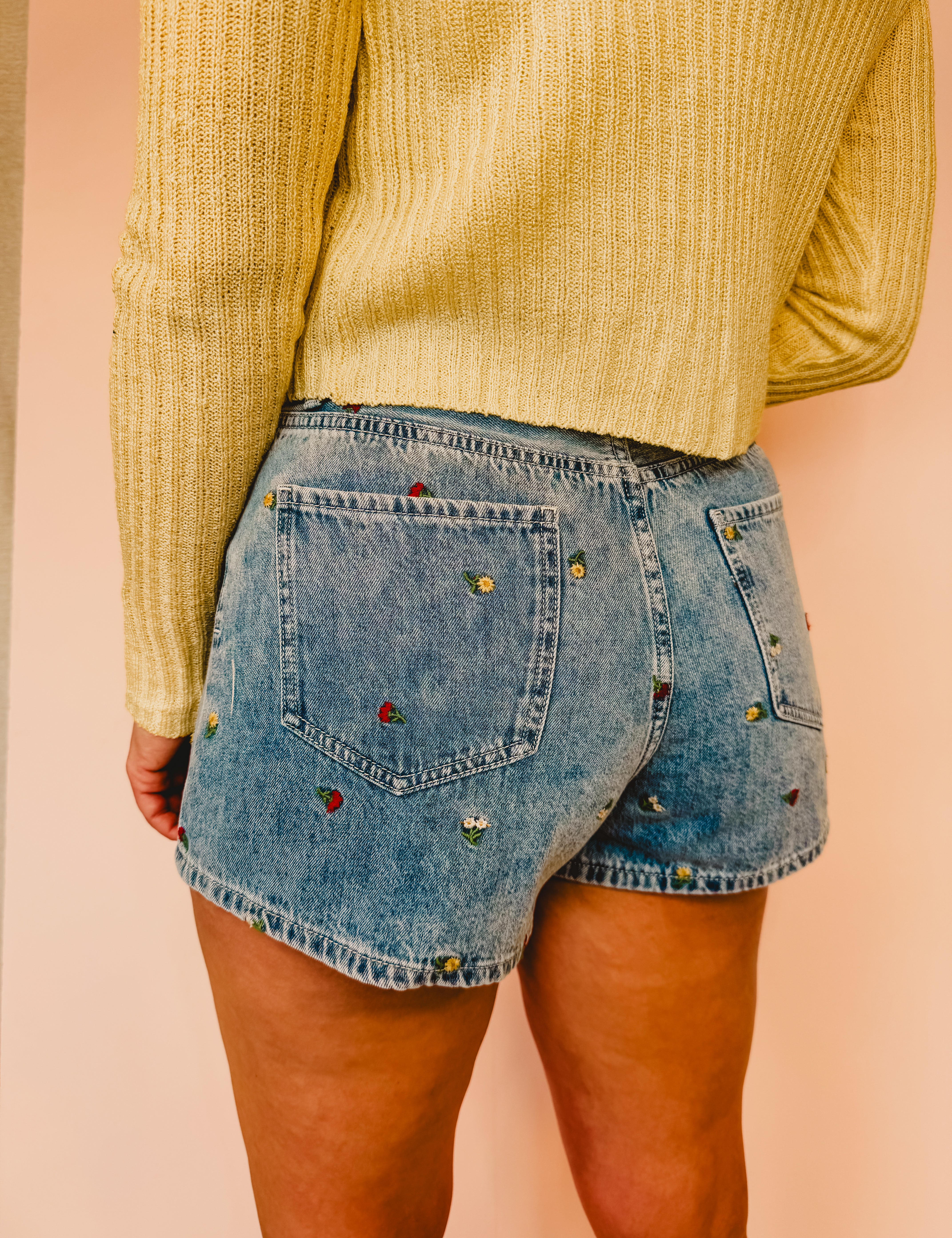 Flower Embroidered High-Rise Denim Shorts - Lace and Grace Boutique