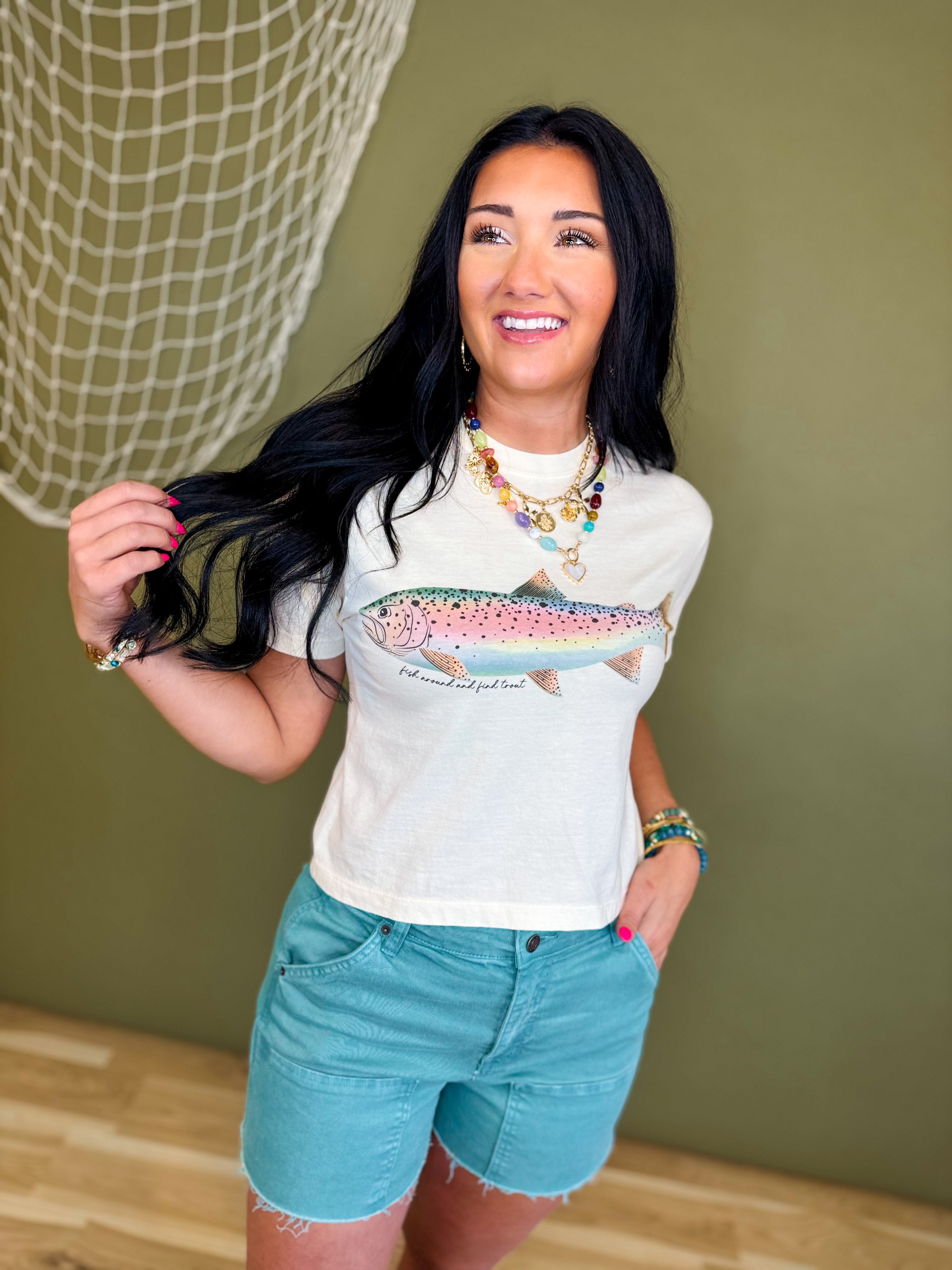 Rainbow Trout Cropped Graphic Tee - Ivory - Lace and Grace Boutique