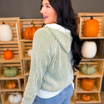 Luxe Two Tone Striped Hooded Sweater - Olive/Cream - Lace and Grace Boutique