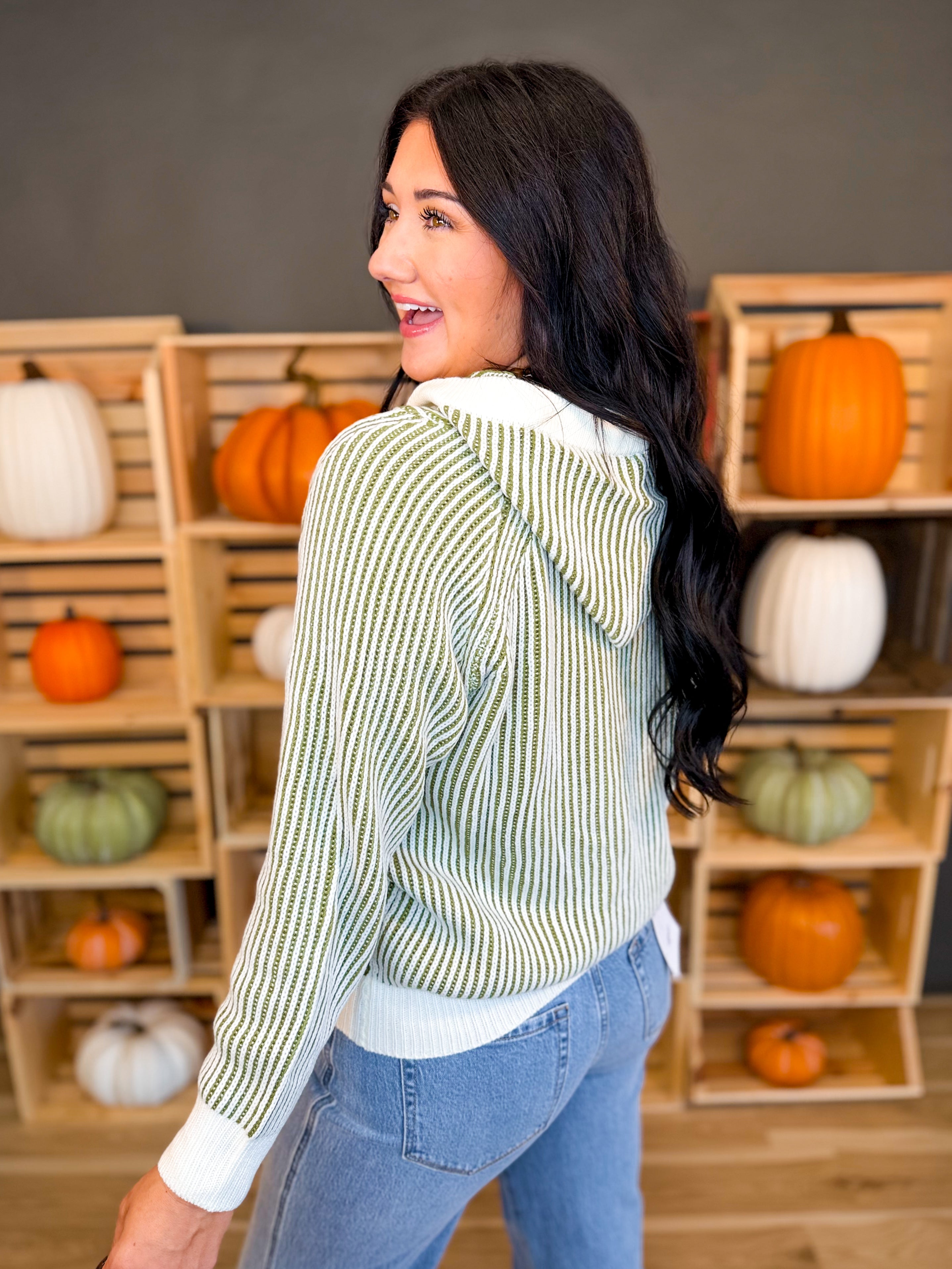 Luxe Two Tone Striped Hooded Sweater - Olive/Cream - Lace and Grace Boutique