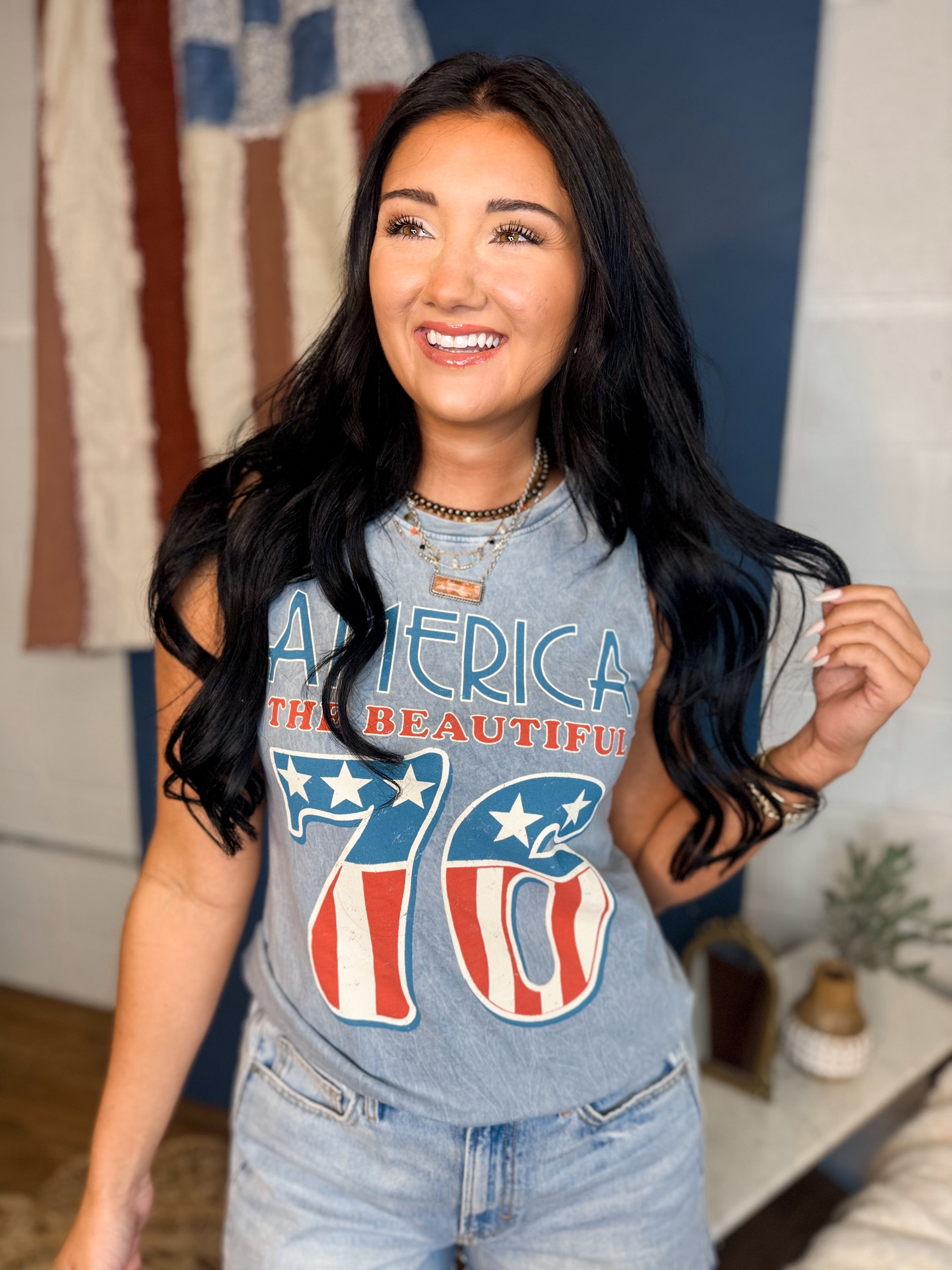 America 76 Graphic Tank Top - Mineral Vintage Blue - Lace and Grace Boutique