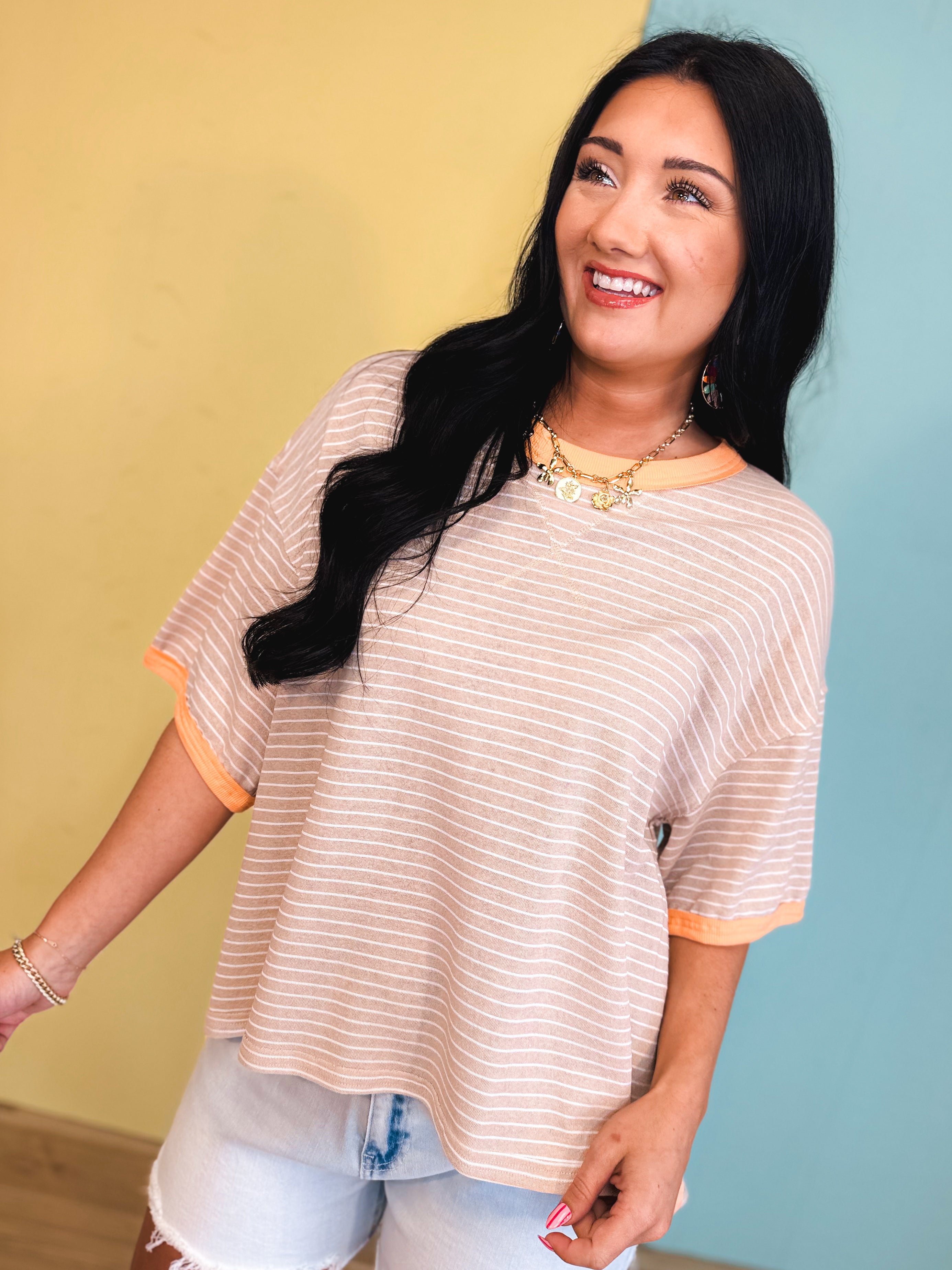Striped Contrast Drop Sleeve Tee - Linen Multi - Lace and Grace Boutique