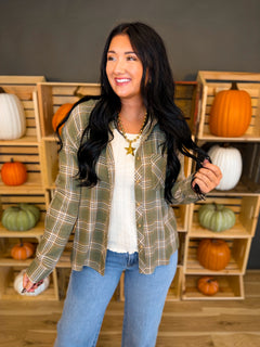 Plaid Button Up Flannel Shirt - Olive - Lace and Grace Boutique