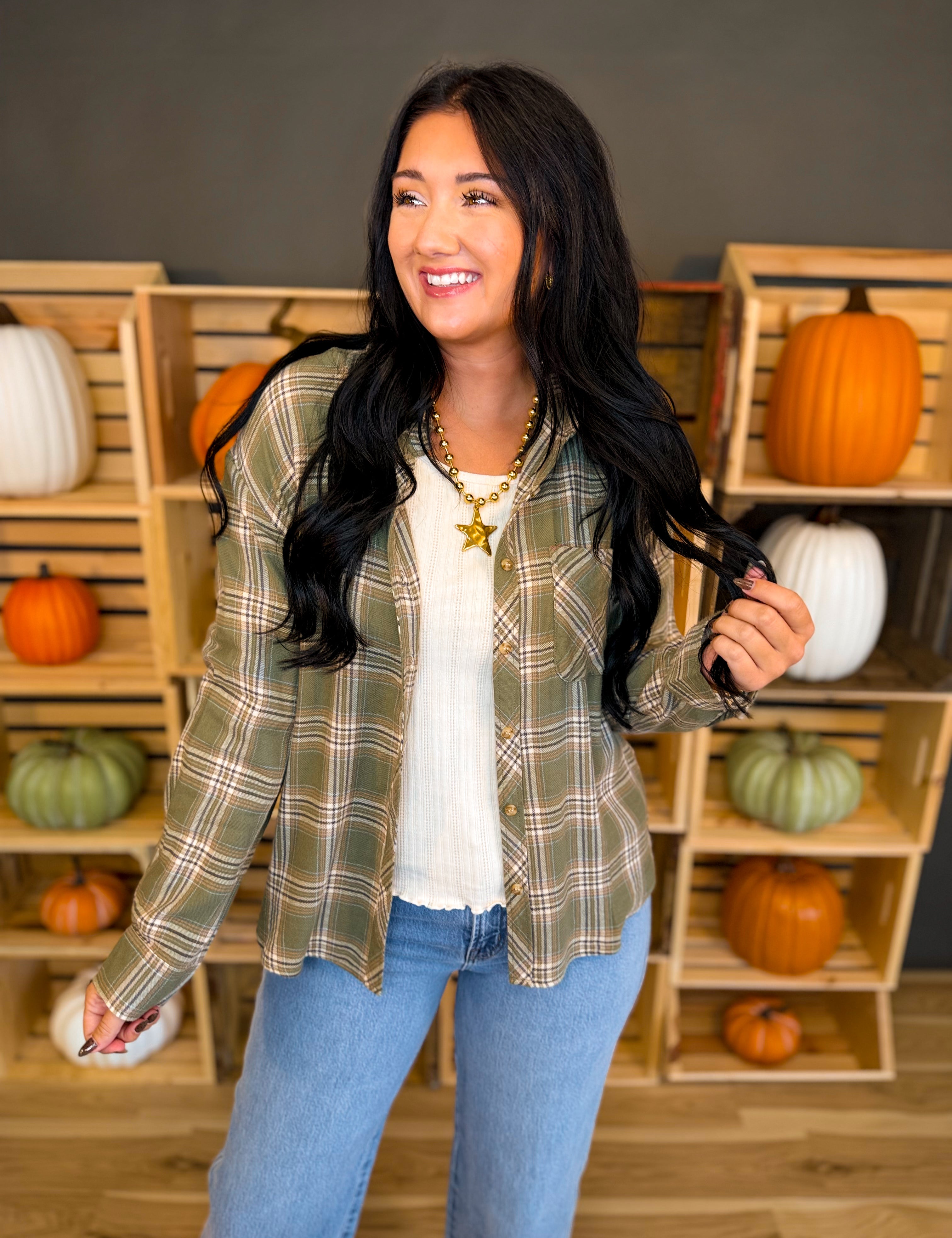 Plaid Button Up Flannel Shirt - Olive - Lace and Grace Boutique