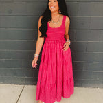 Gingham Smocked Bodice Tiered Maxi Dress - Fuchsia Multi - Lace and Grace Boutique