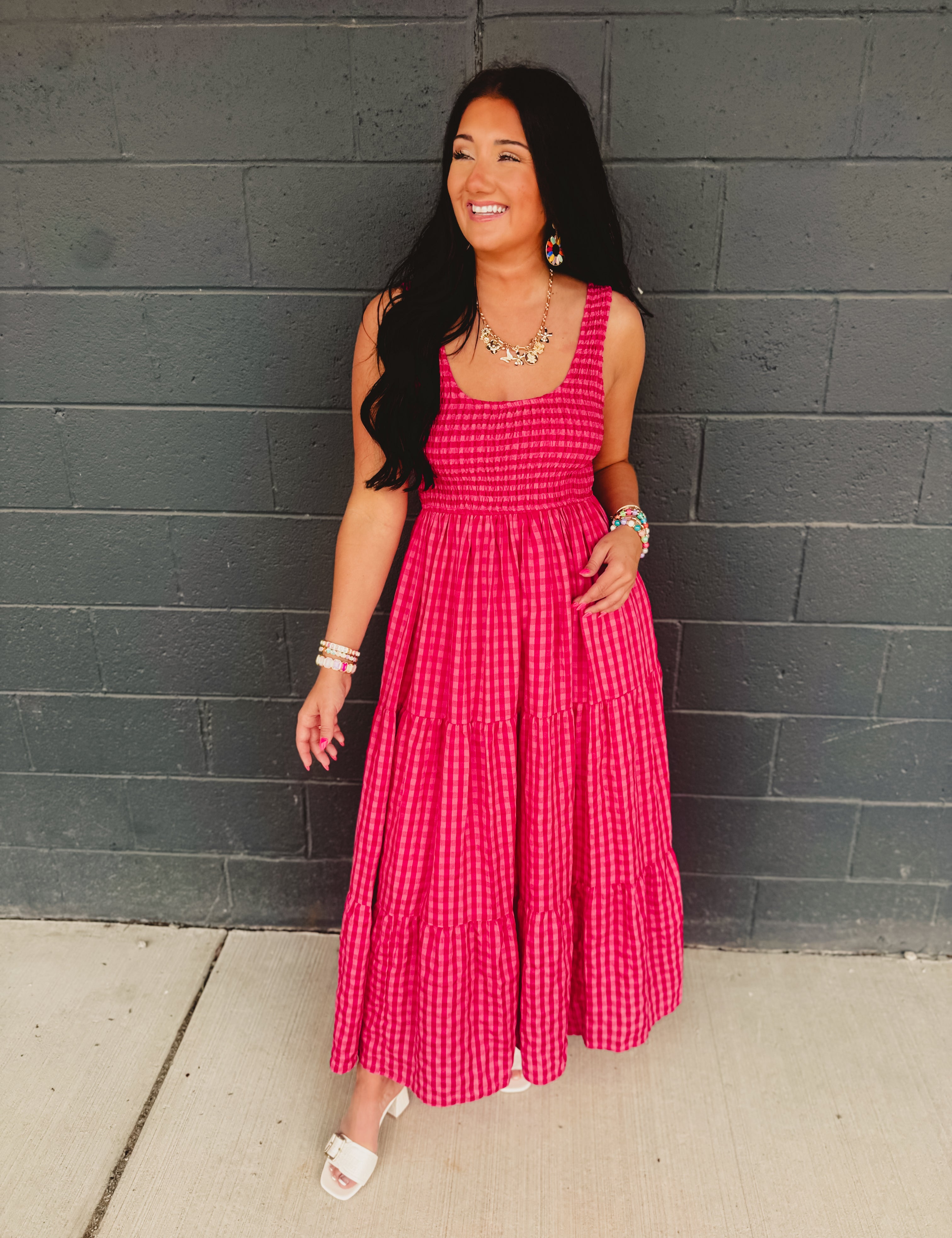 Gingham Smocked Bodice Tiered Maxi Dress - Fuchsia Multi - Lace and Grace Boutique