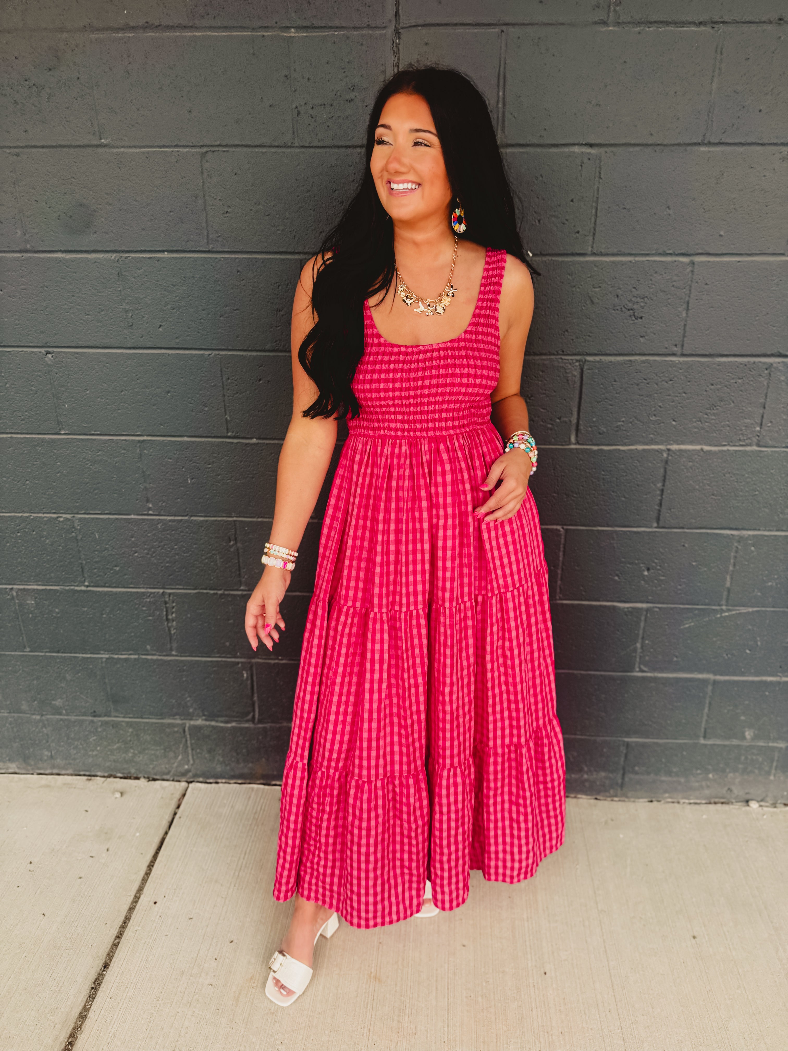 Gingham Smocked Bodice Tiered Maxi Dress - Fuchsia Multi - Lace and Grace Boutique