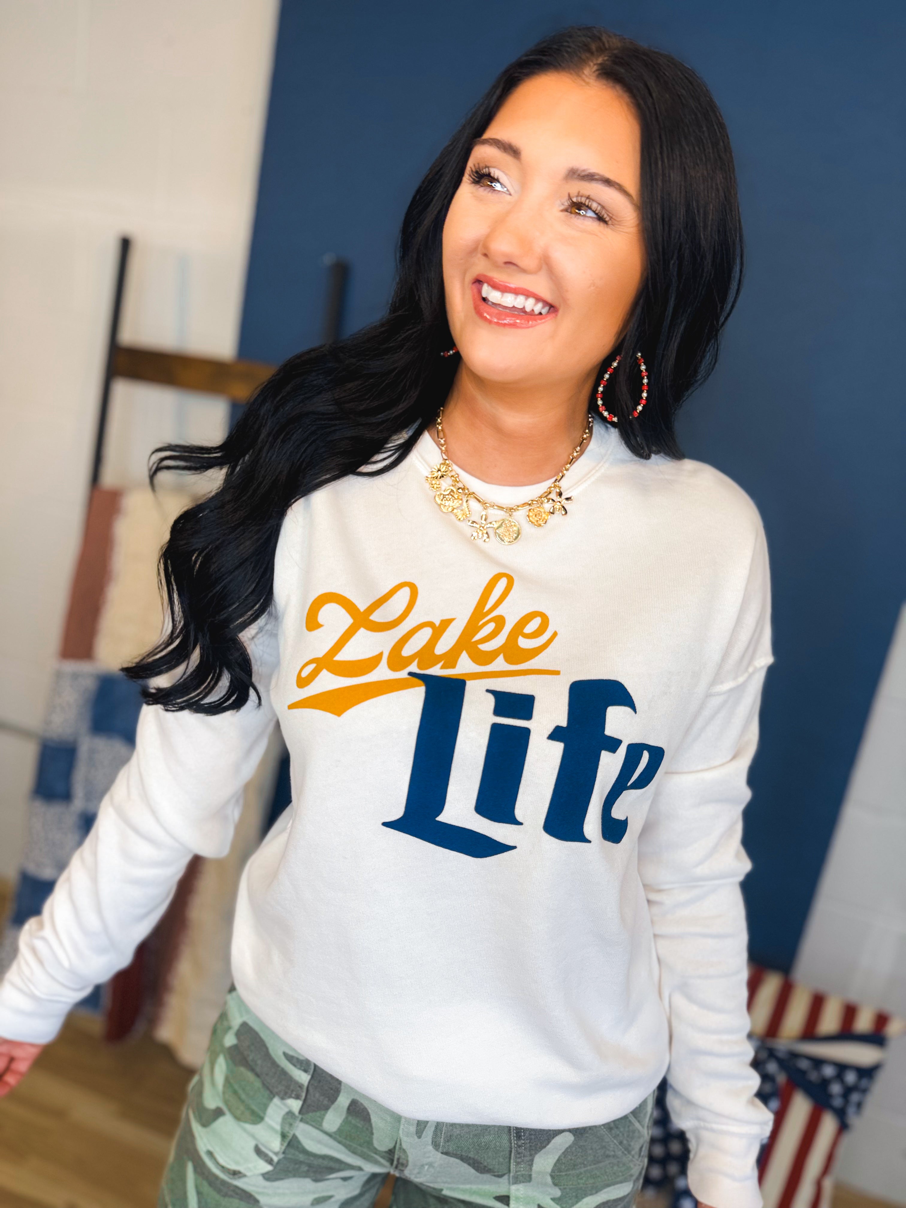 Lake Life Mineral Washed Sweatshirt - White - Lace and Grace Boutique