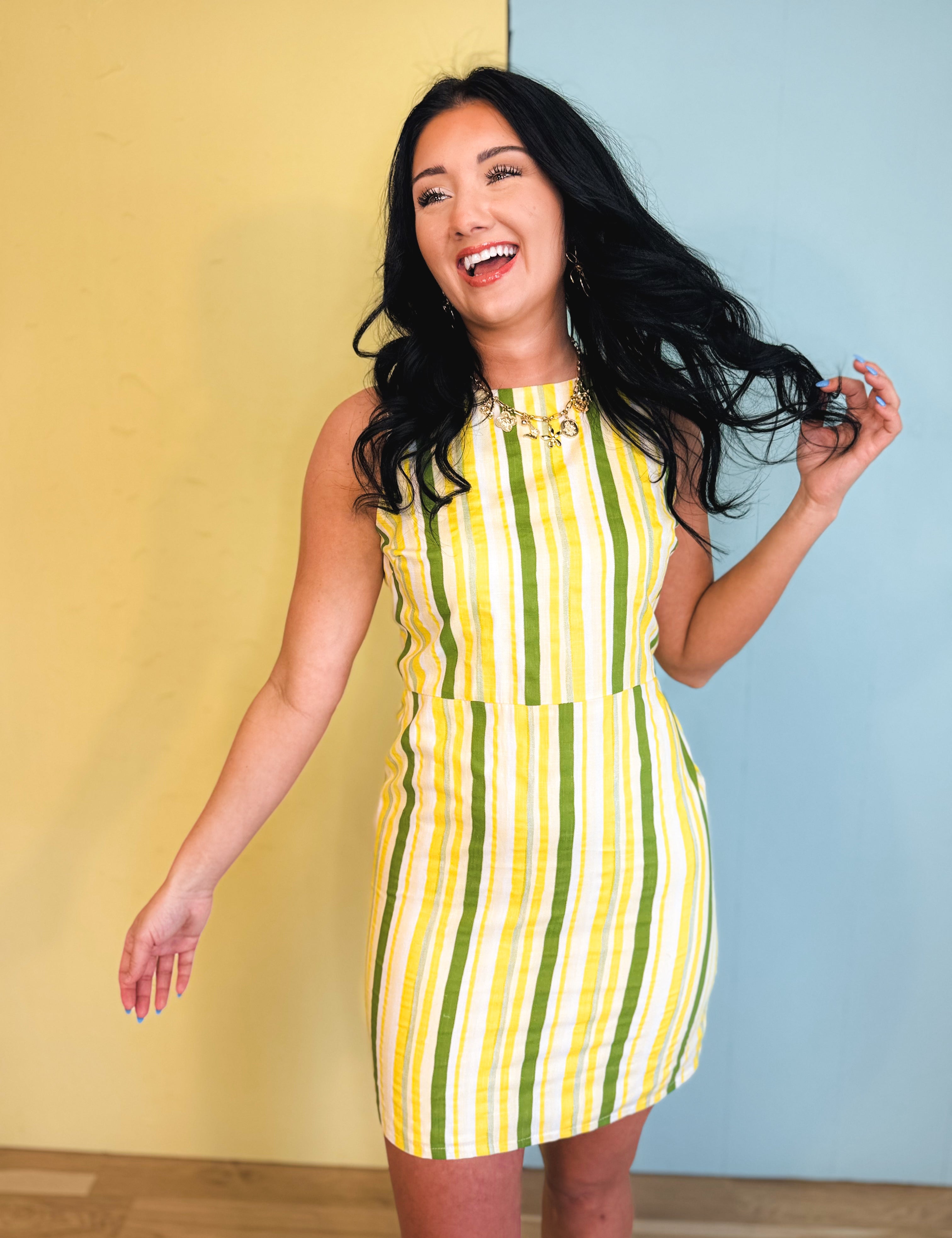 Back Tie Striped Mini Dress - Cream/Lemon - Lace and Grace Boutique