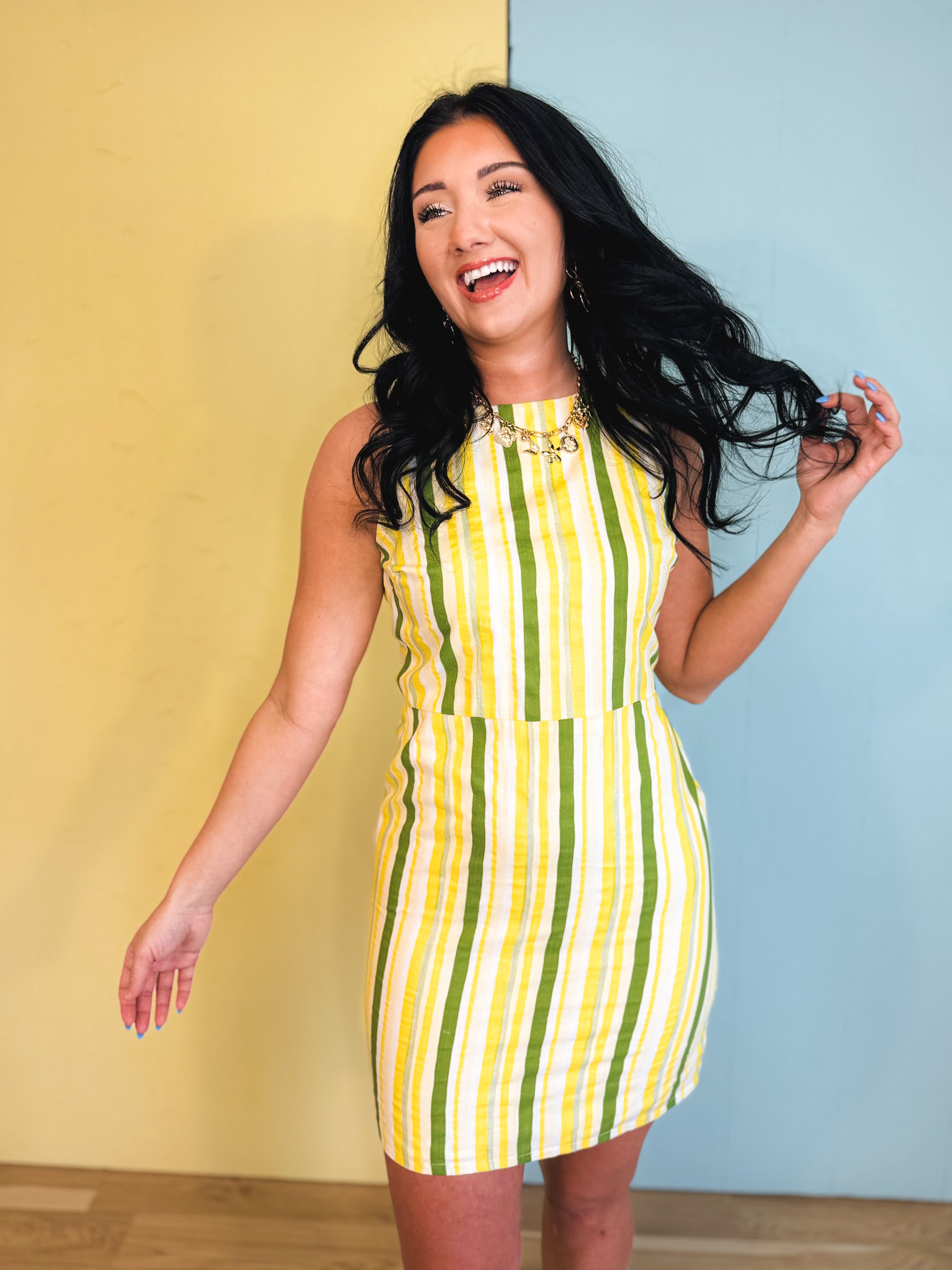 Back Tie Striped Mini Dress - Cream/Lemon - Lace and Grace Boutique