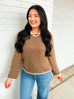 Boat Neck Contrast Trim Knit Sweater - Mocha - Lace and Grace Boutique