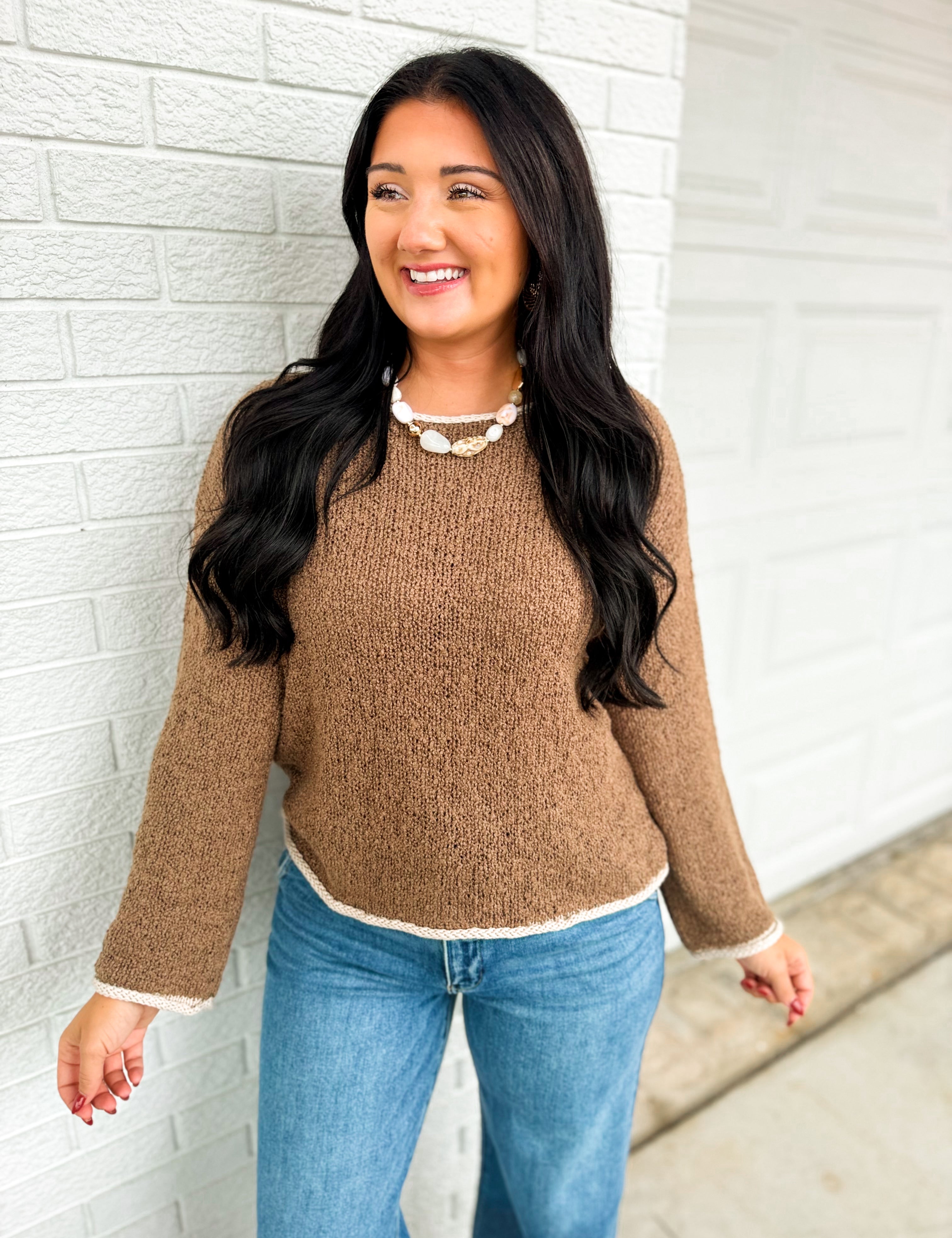 Boat Neck Contrast Trim Knit Sweater - Mocha - Lace and Grace Boutique