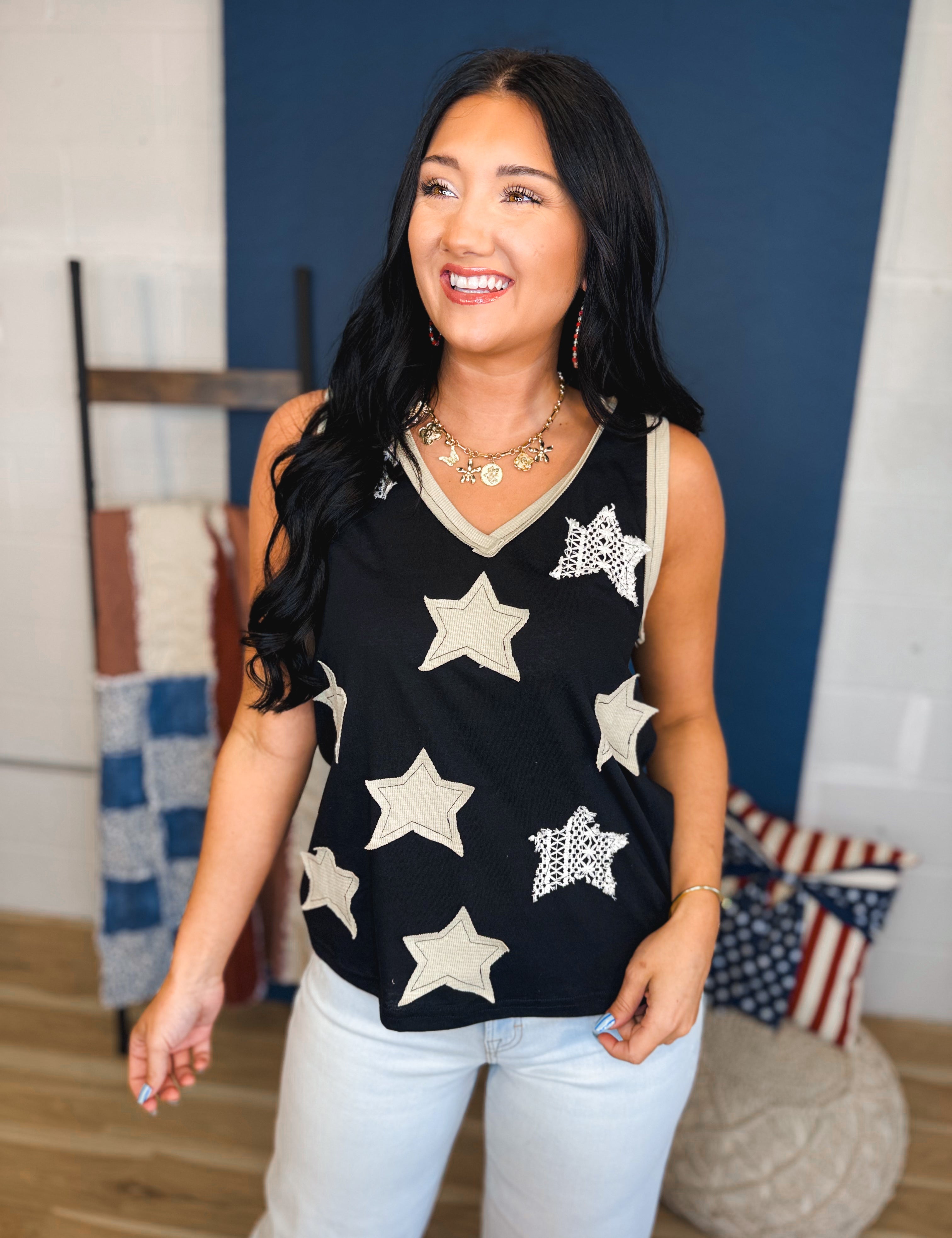 POL Star Patches V-Neck Tank Top - Black - Lace and Grace Boutique