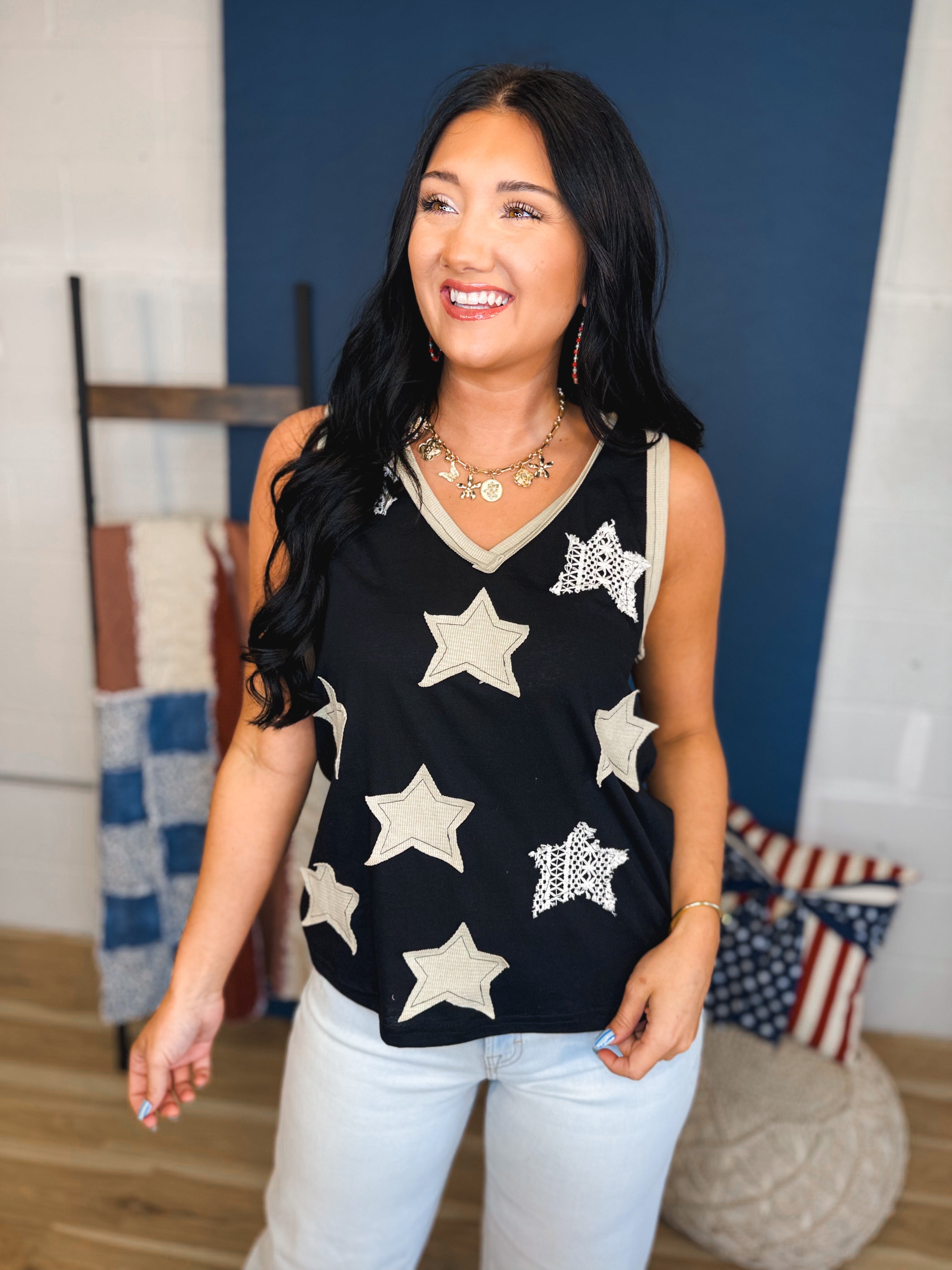 POL Star Patches V-Neck Tank Top - Black - Lace and Grace Boutique