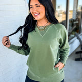 Pigment Dyed French Terry Pullover - Light Olive - Lace and Grace Boutique