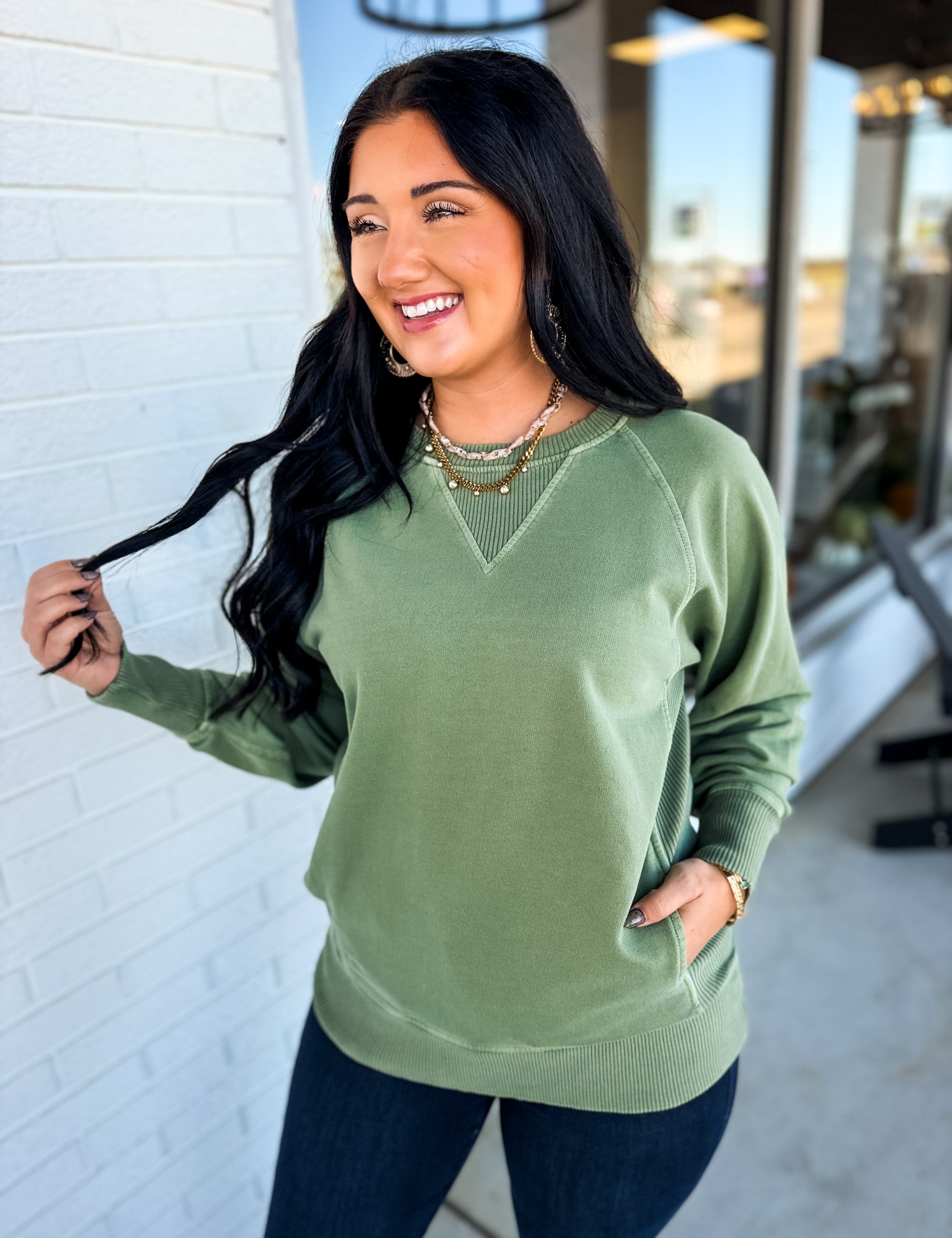 Pigment Dyed French Terry Pullover - Light Olive - Lace and Grace Boutique