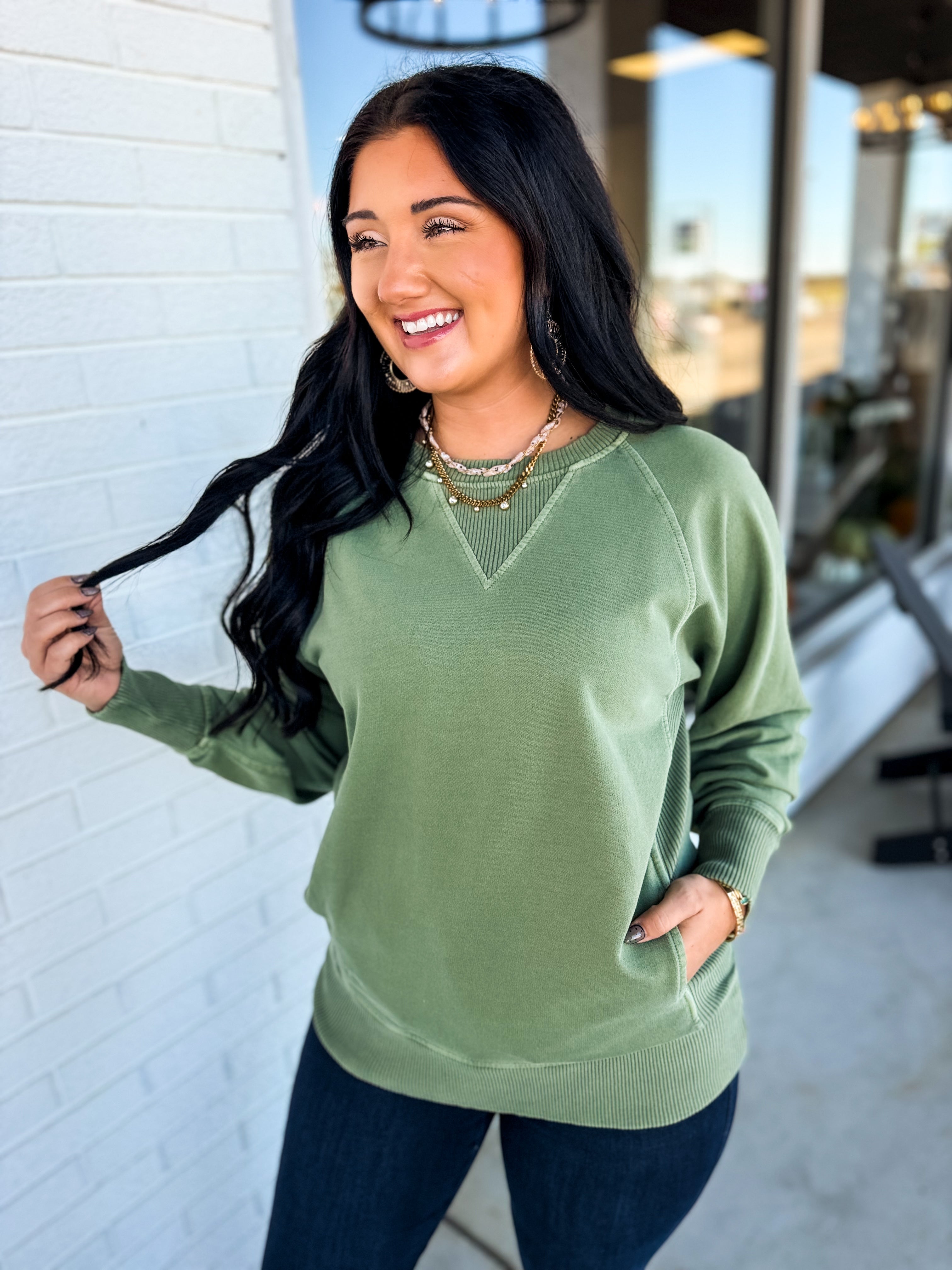 Pigment Dyed French Terry Pullover - Light Olive - Lace and Grace Boutique