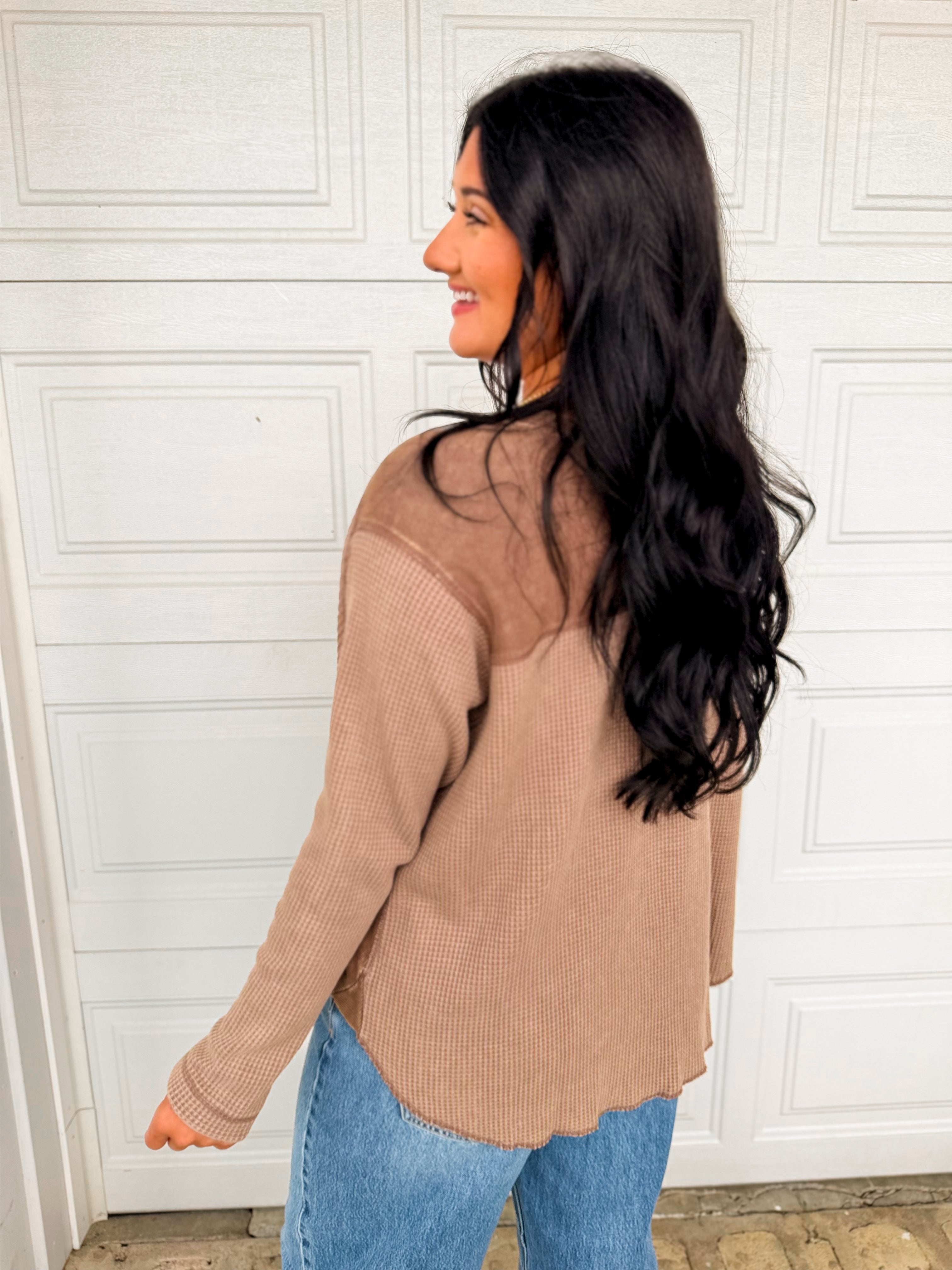 Oversized Waffle Knit Thermal Long Sleeve Top - Latte - Lace and Grace Boutique