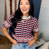 Multi Striped Open-Knit Sweater Top - Red/Navy - Lace and Grace Boutique