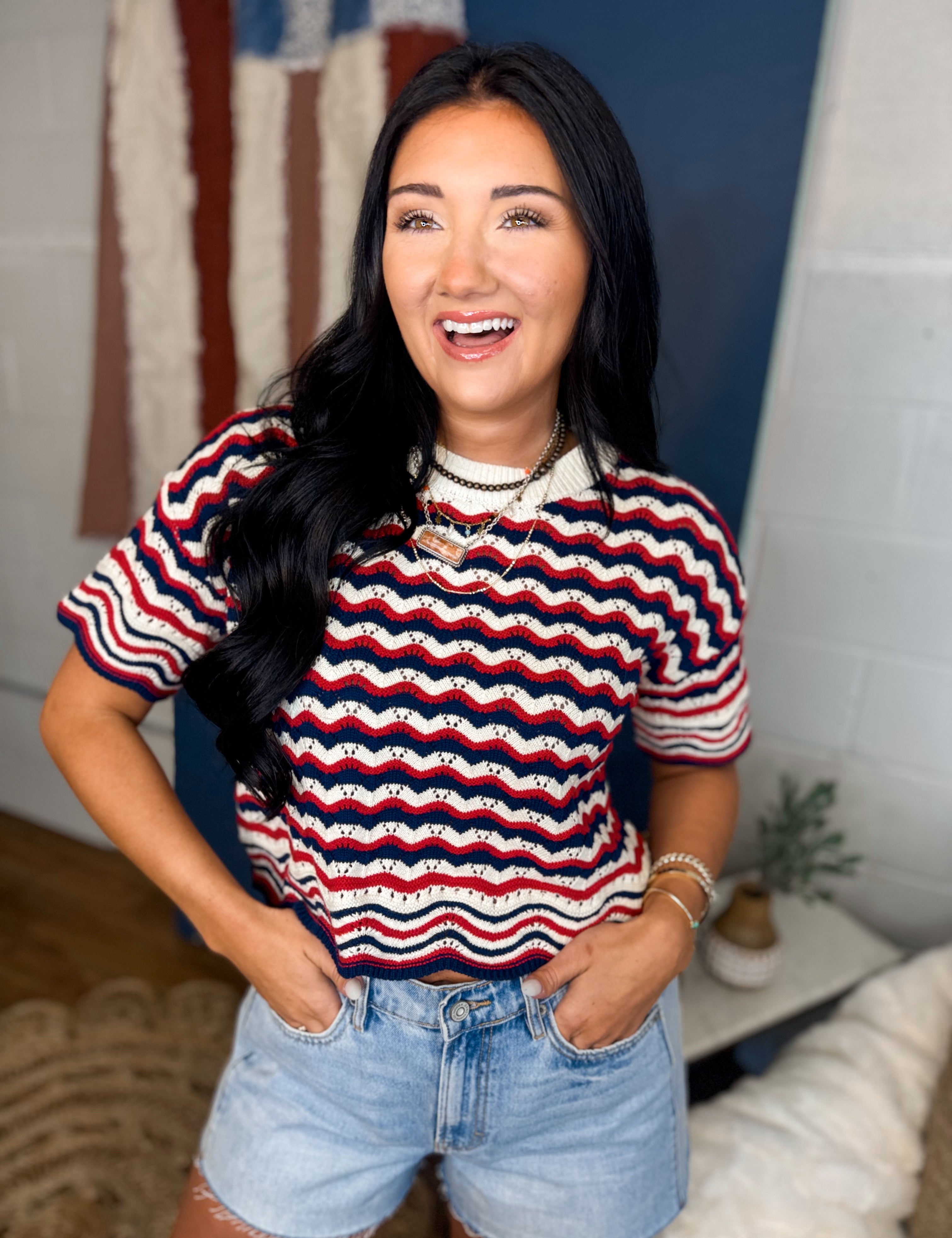 Multi Striped Open-Knit Sweater Top - Red/Navy - Lace and Grace Boutique