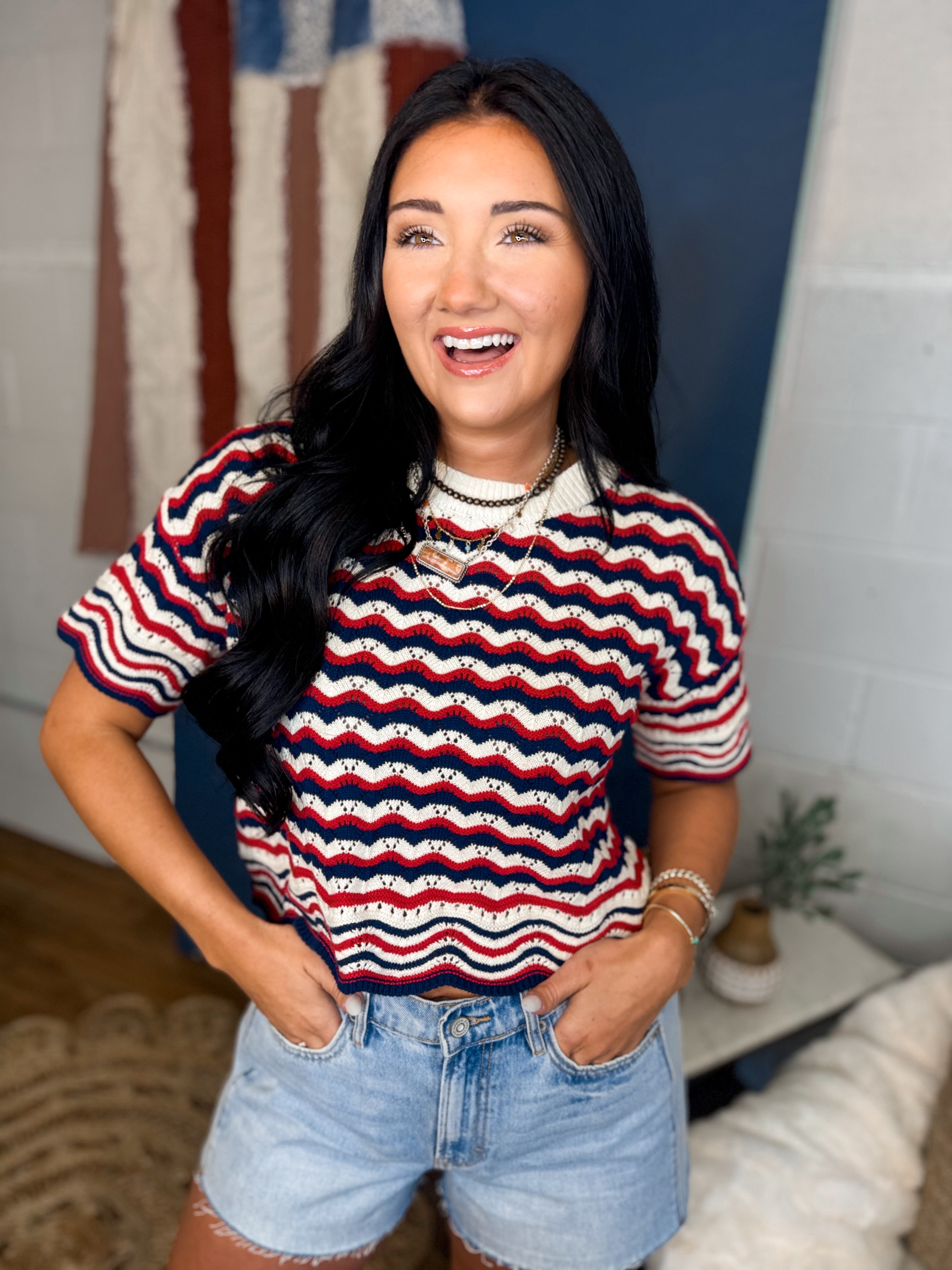 Multi Striped Open-Knit Sweater Top - Red/Navy - Lace and Grace Boutique