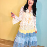 Floral & Stripe Printed Tiered Midi Skirt - Butter/Sky - Lace and Grace Boutique