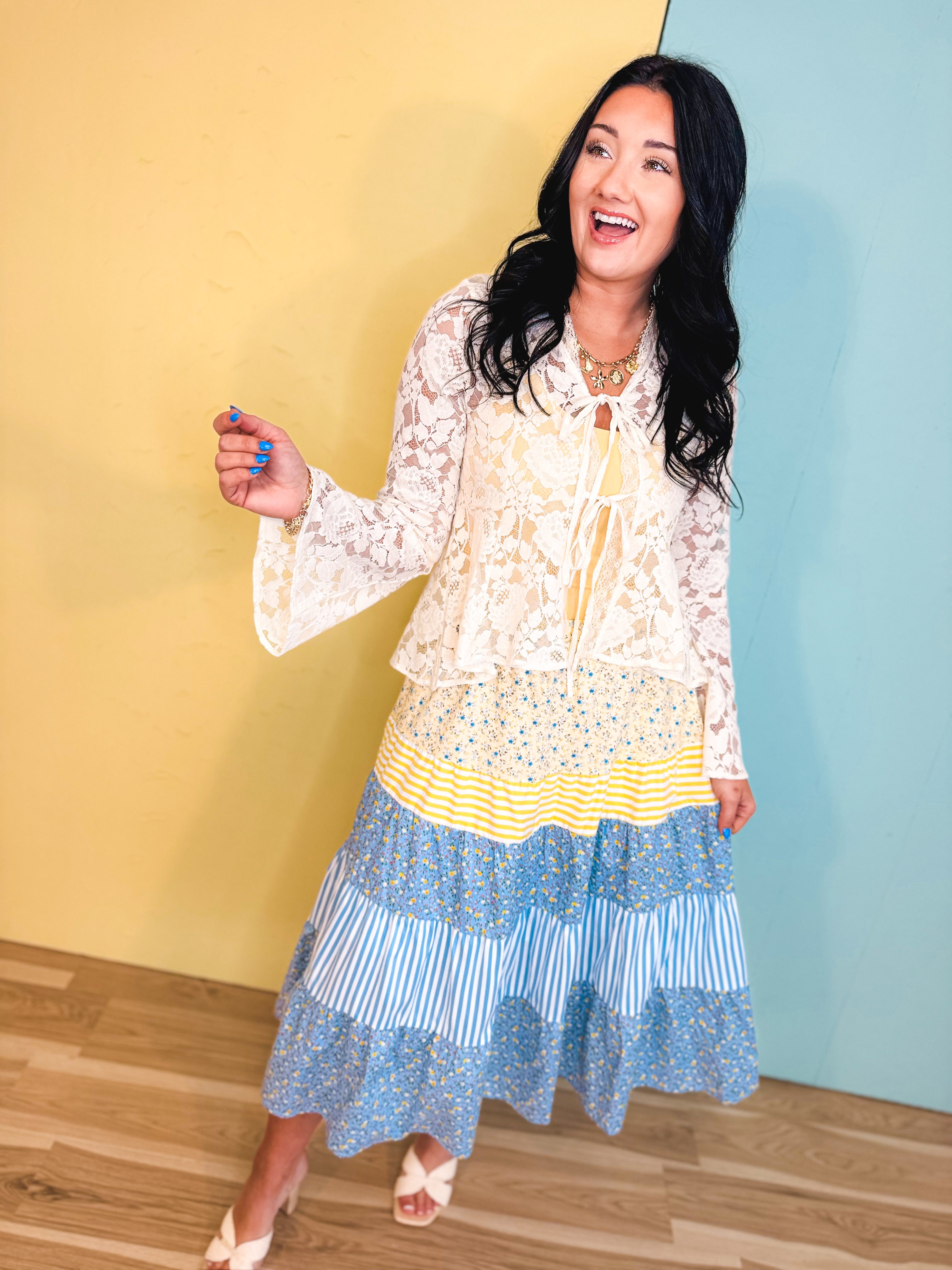 Floral & Stripe Printed Tiered Midi Skirt - Butter/Sky - Lace and Grace Boutique