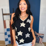 POL Star Patches V-Neck Tank Top - Black - Lace and Grace Boutique