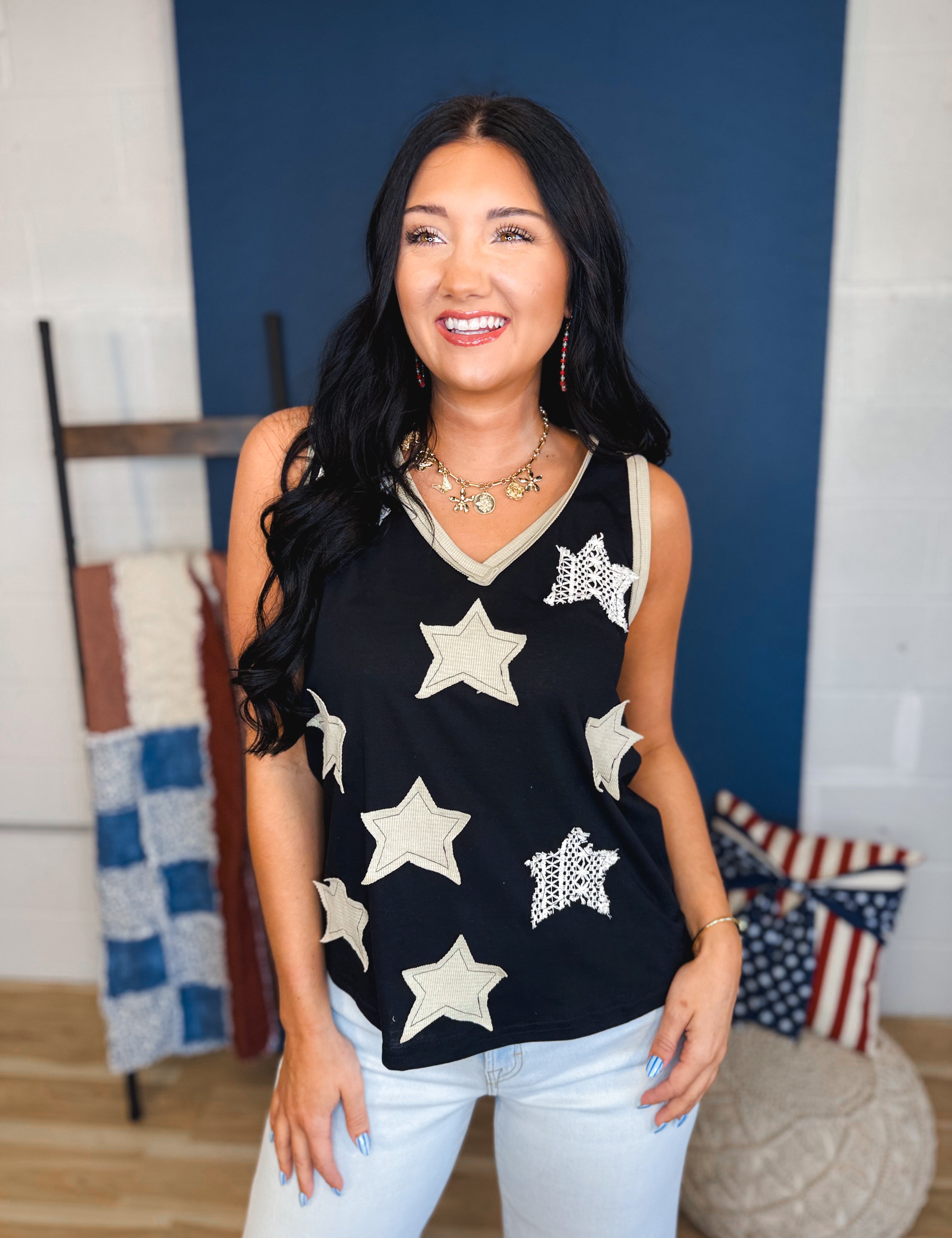 POL Star Patches V-Neck Tank Top - Black - Lace and Grace Boutique