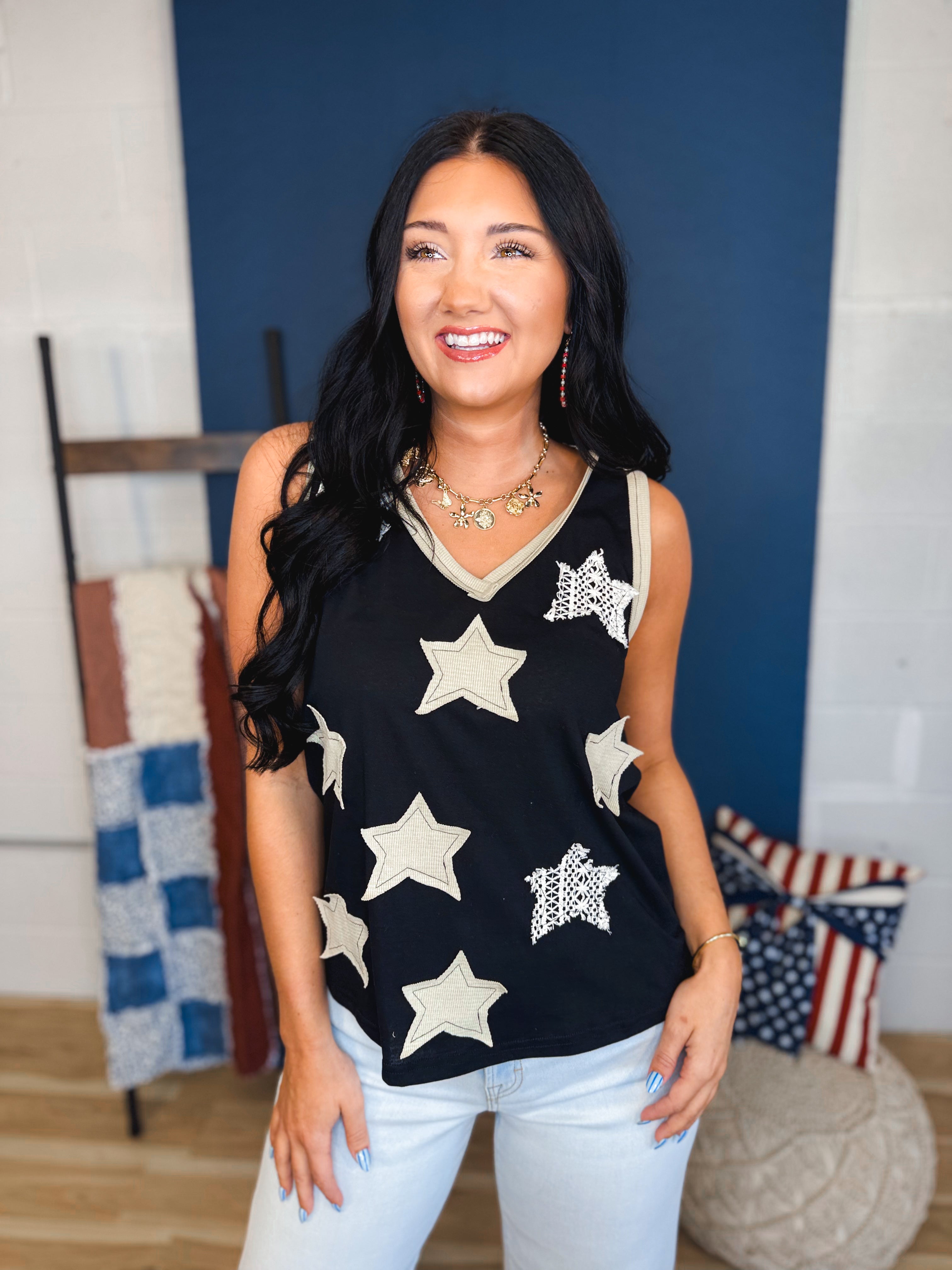 POL Star Patches V-Neck Tank Top - Black - Lace and Grace Boutique