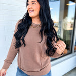 Corded Rib Exposed Seam Pullover Top - Brown - Lace and Grace Boutique